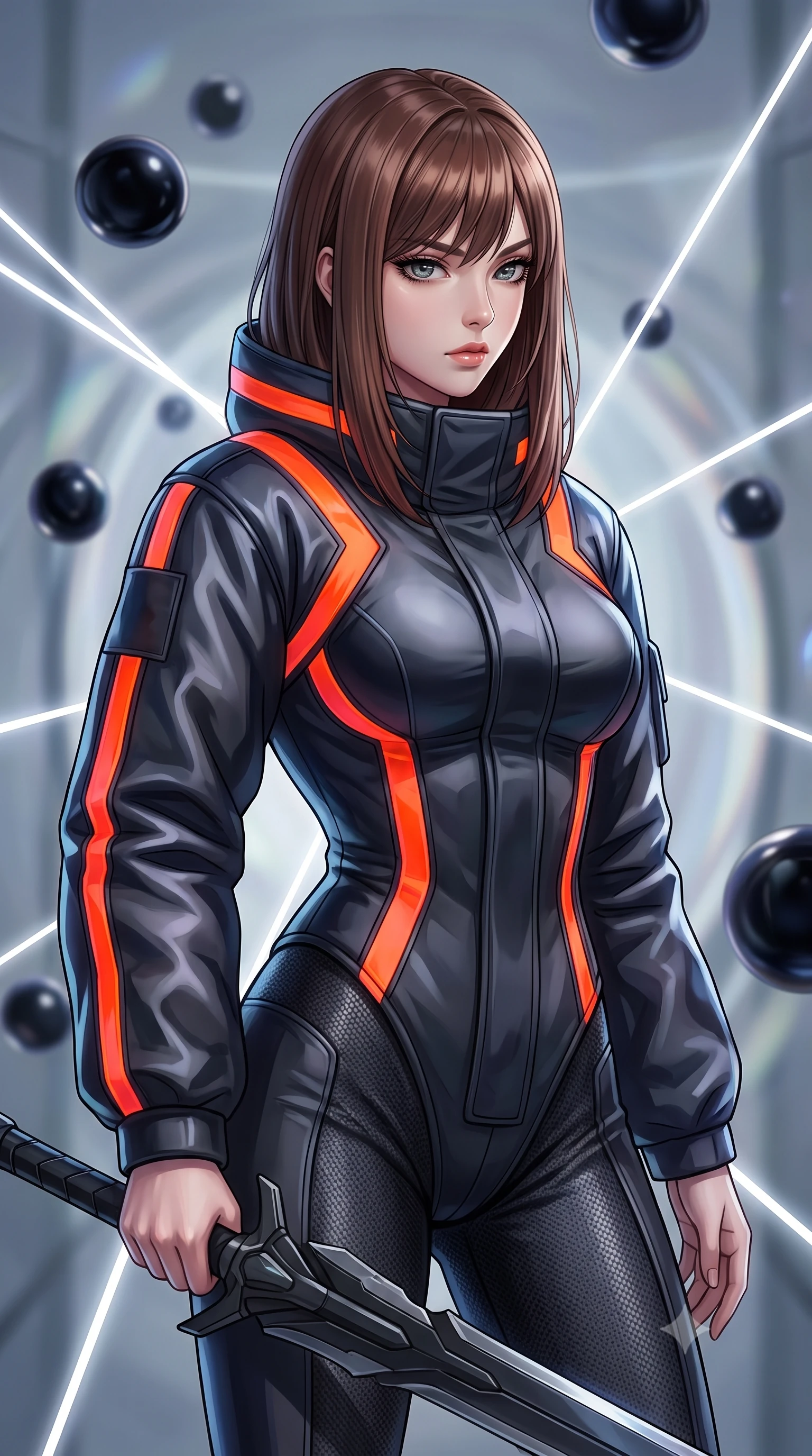 score_9, masterpiece, best quality, ultra-detailed, high-budget anime keyframe, editorial fashion photography, tasteful artistic composition, Korean woman. close-up cowboy shot from the waist and thighs up, the character dominates the composition, filling the frame with her large presence, background elements kept in soft focus. holding a deactivated nanotech glaive, looking past the camera with quiet, sharp focus and a composed expression, the background shows a soft-focus a gravity lensing chamber filled with floating obsidian spheres. She has an exceptionally elegant, slender, and willowy female figure with an ultra-slim waist, a gracefully sculpted slender torso, and a refined silhouette. sharp v-shaped jawline, high-bridge nose, intricate jewel-like eyes with depth, thick eyelashes, glossy lips with a natural sheen. wearing a form-contouring heavy polar-combat jacket with neon orange warning stripes, worn over thick carbon-mesh thermal trousers. high-contrast chiaroscuro shadows created by white laser confinement beams. highly saturated vibrant anime colors, detailed shading with soft gradients, rich glossy textures, high-contrast stereoscopic depth, volumetric dynamic lighting, master piece, 9:16 ratio
