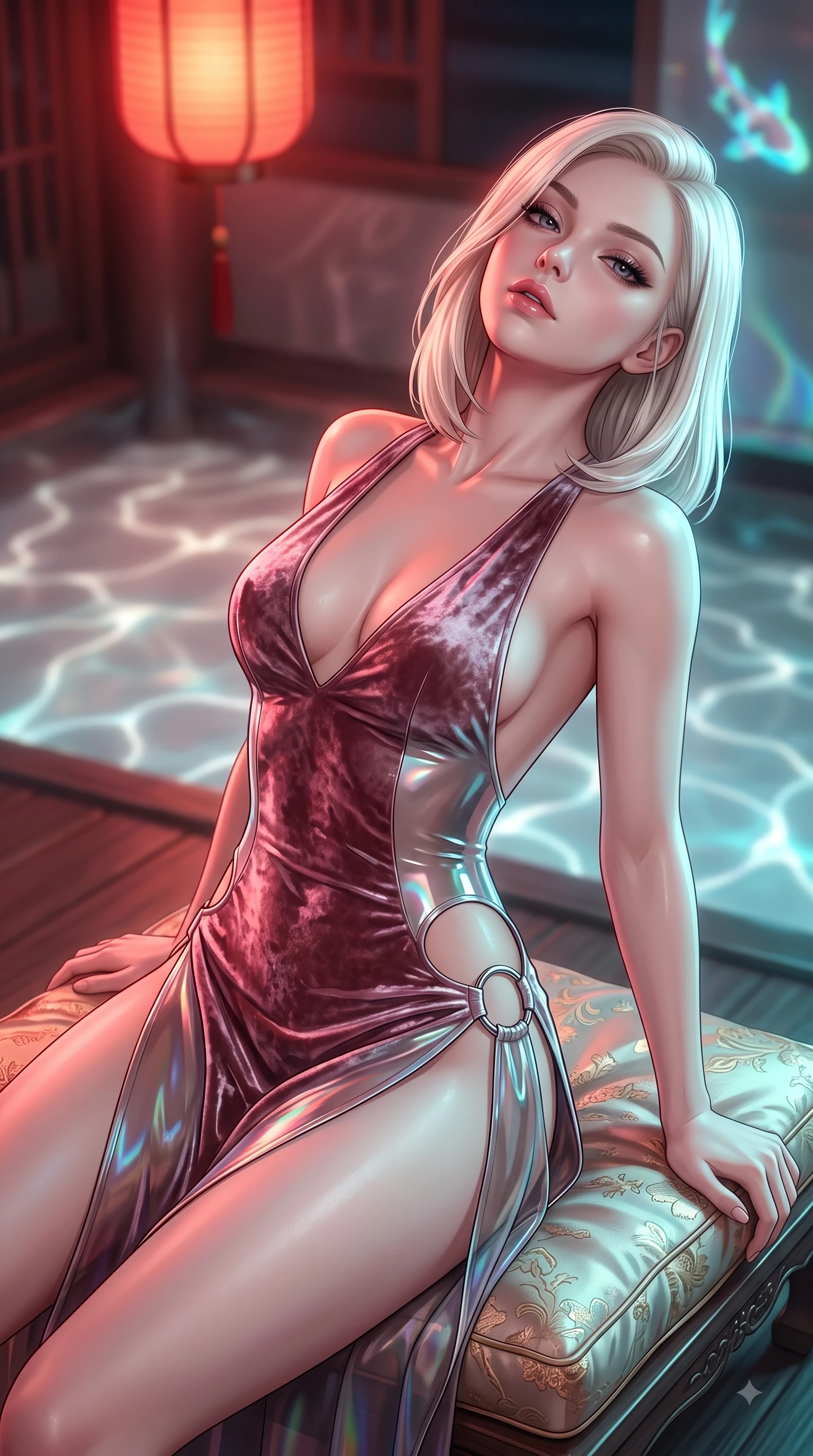 score_9, masterpiece, best quality, ultra-detailed, high-budget anime keyframe, semi-realistic 3D game render, editorial fashion photography, tasteful artistic composition, Caucasian woman. close-up cowboy shot from the waist and thighs up, the character dominates the composition, filling the frame with her large presence. tilting her head back with a sensual alluring expression, exposing her throat and shoulders to the camera with heavy lashes and softly parted glossy lips while resting on a low silk cushion in a cyber-fusion pavilion with an alluring, direct stare. The composition keeps background elements in soft focus with creamy bokeh. glowing water ripples creating soft, undulating light patterns across the backdrop. She has an exceptionally elegant, slender, and willowy female figure with an ultra-slim waist, a gracefully sculpted slender torso, and a refined silhouette. sharp v-shaped jawline, high-bridge nose, intricate jewel-like eyes with depth, thick eyelashes, glossy lips with a natural sheen, flawlessly proportioned anatomical accuracy, natural body alignment, perfectly sculpted elegant limbs, clean dynamic posture without body distortion. wearing a backless crushed velvet gown with a deep V-neckline, strategic hip cutouts, and an ultra-high thigh slit in translucent smoky quartz and iridescent holographic sheen, crafted from ultra-reflective second-skin latex with a glass-like polish, detailed with polished silver rings connecting the daring side-waist cutouts, the liquid-tight fabric adhering flawlessly to her sculpted torso and slender silhouette. bathed in warm crimson lantern glow and cool cyan holographic koi refractions. highly saturated vibrant anime colors, detailed shading with soft gradients, rich glossy textures, high-contrast stereoscopic depth, volumetric dynamic lighting, master piece, 9:16 ratio