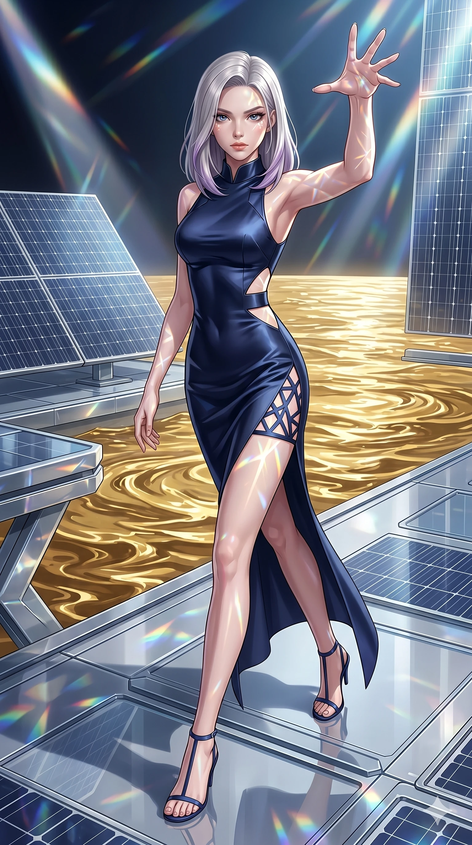 score_9, masterpiece, best quality, ultra-detailed, high-budget anime keyframe, editorial fashion photography, tasteful artistic composition, Caucasian woman, strictly human ears. low angle full-body shot from head to toe showing her feet, filling the entire 9:16 vertical frame with her statuesque presence, stretching her vertical silhouette. Lunging powerfully forward with one arm raised to command the elements around her on a solar dock overlooking an ocean of liquid gold on a nearby moon. She has an absolutely perfect 8-heads proportion, an exceptionally tall and slender female figure with impossibly long slender legs and an ultra-slim waist. V-shaped jawline, high-bridge nose, intricate jewel-like eyes with depth, thick eyelashes, glossy lips with a natural sheen. wearing a structured column dress in dark navy satin with geometric cutouts and a side slit to mid-thigh. lit by mirror-reflected prismatic spotlights, creating geometric light patterns across her body. 2k, ultra detail, master piece, 9:16 ratio