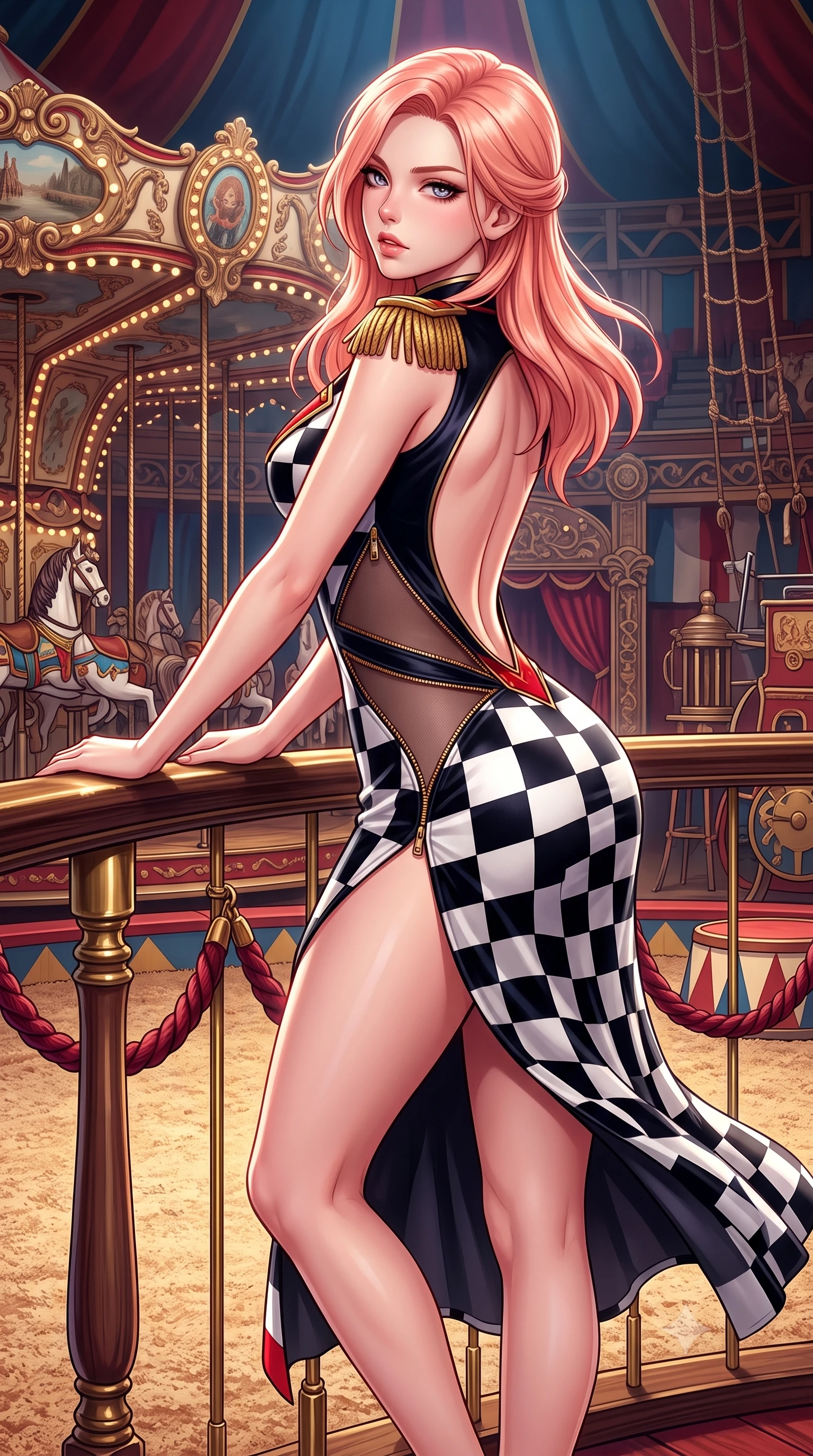 score_9, masterpiece, best quality, ultra-detailed, high-budget anime keyframe, semi-realistic 3D game render, editorial fashion photography, tasteful artistic composition, Japanese woman. close-up cowboy shot from the waist and thighs up, the character dominates the composition, filling the frame with her large presence. leaning forward against the polished railing with her hips cocked back, creating an intoxicating curve from her narrow waist to sculpted hips as she gazes back into the lens while pivoting dynamically on the sawdust arena floor, her tailored garments fluttering to accentuate her statuesque hips and long slender legs. The surrounding environment is rendered in vivid detail and crisp panoramic clarity. sharp carved carousel filigree, velvet rope braid textures, and circus platform rigging in deep focus. She has an exceptionally elegant, slender, and willowy female figure with an ultra-slim waist, a gracefully sculpted slender torso, toned flat midriff, and rounded feminine hips creating an alluring hourglass silhouette. sharp v-shaped jawline, high-bridge nose, intricate jewel-like eyes with depth, thick eyelashes, glossy parted lips with a natural sheen, intensely captivating and seductive bedroom-eyes expression, flawlessly proportioned anatomical accuracy, strict slender model proportions, natural body alignment, perfectly sculpted long slender limbs, ultra-slim waistline, clean dynamic posture without body distortion. wearing a backless silk velvet cocktail dress featuring an ultra-high side slit and gold epaulets in high-contrast black and crisp white checkerboard with red accents, made of stretchy athletic knit with sheer mesh cutout inserts, accented with diagonal metal zippers running across the side-waist cutouts, the precision-cut side openings and low-back scoop framing her graceful spine and the sensual sweep of her hips. surrounded by an eccentric, spellbinding, and dangerously seductive circus queen aura. highly saturated vibrant anime colors, detailed shading with soft gradients, rich glossy textures, high-contrast stereoscopic depth, volumetric dynamic lighting, master piece, 9:16 ratio