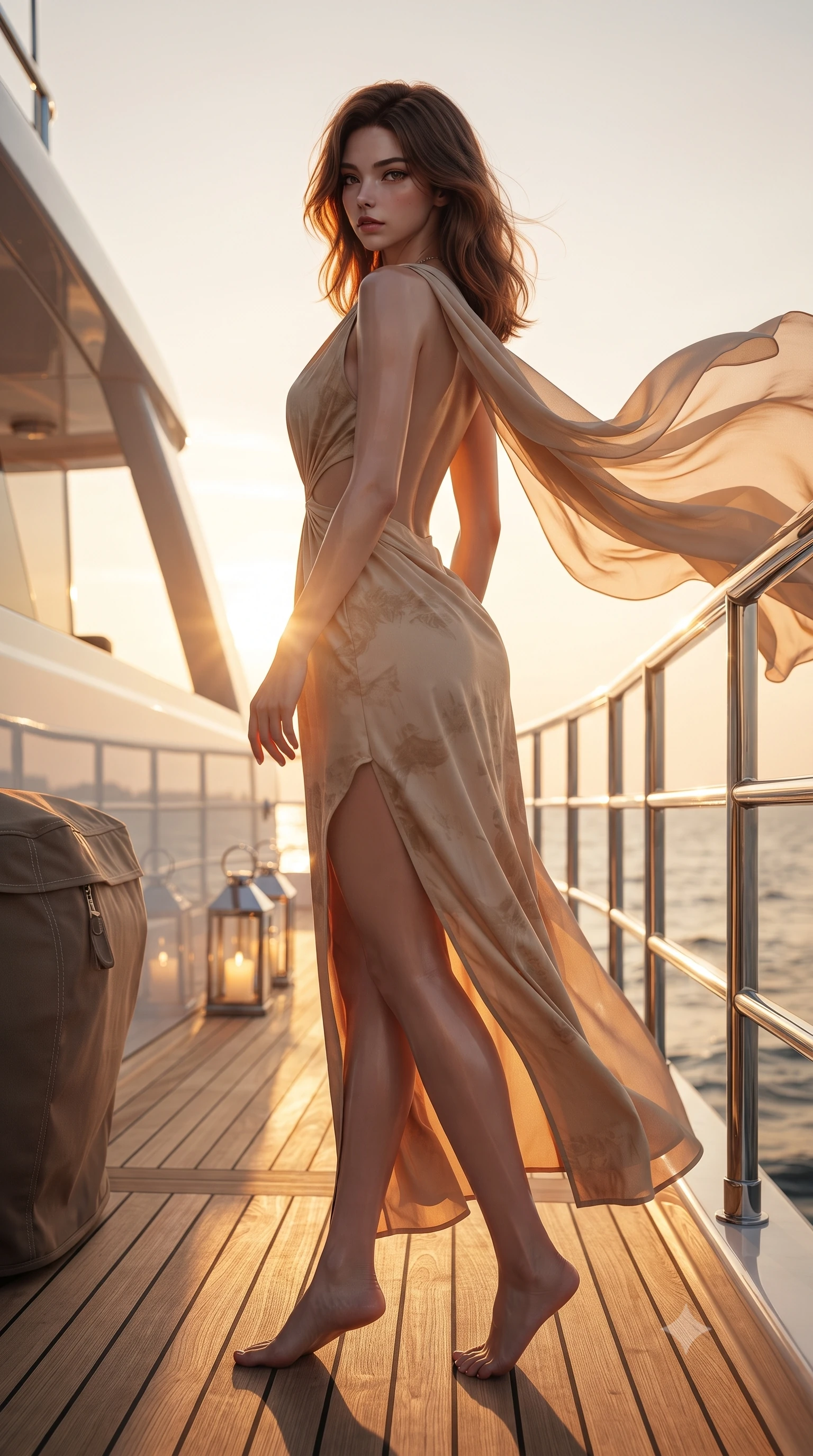 score_9, masterpiece, best quality, ultra-detailed, high-budget anime keyframe, editorial fashion photography, tasteful artistic composition, Korean woman. low angle full-body shot from head to toe showing her feet, filling the entire 9:16 vertical frame with her statuesque presence, stretching her vertical silhouette. posing with back turned slightly to the lens, glancing back with smoldering allure as she arches her lower back to emphasize her sculpted feminine hips and slender waist while striding across the teak deck before pausing to pivot her hips in an alluring 3/4 rear view, sea breeze fluttering her form-fitting garments. The surrounding environment is rendered in vivid detail and crisp panoramic clarity. sharp teak wood deck caulking, polished chrome railing reflections, and marine canvas stitching in deep focus. She has an absolutely perfect, statuesque 8.5-heads proportion, an exceptionally tall and slender model-like female figure with impossibly long slender legs, a toned flat midriff, an ultra-slim waist, and beautifully sculpted feminine hips. sharp v-shaped jawline, high-bridge nose, intricate jewel-like eyes with depth, thick eyelashes, glossy parted lips with a natural sheen, intensely captivating and seductive bedroom-eyes expression, flawlessly proportioned anatomical accuracy, strict slender model proportions, natural body alignment, perfectly sculpted long slender limbs, ultra-slim waistline, clean dynamic posture without body distortion. wearing a backless Grecian goddess draped dress with side-waist cutouts and a fluid floor-length slit in desert sand beige and pearlescent bronze, tailored from crisp structured cotton poplin with organic dye, complemented by a breezy silk chiffon shawl billowing in the sea wind, the second-skin form-contouring cut accentuating her sculpted flat midriff, narrow waistline, and dramatically curvy hips without adding bulk. bathed in glorious golden hour sunset backlighting and warm amber deck lantern fill. ultra-reflective glossy finish, specular highlights, rich textural contrasts, high-contrast stereoscopic depth, volumetric dynamic lighting, 2k, ultra detail, master piece, 9:16 ratio
