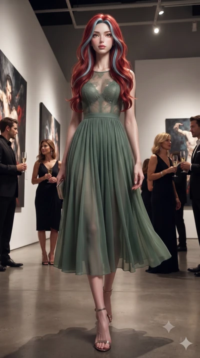 score_9, masterpiece, best quality, ultra-detailed, high-budget anime keyframe, editorial fashion photography, tasteful artistic composition, Caucasian woman, strictly human ears. low angle full-body shot from head to toe showing her feet, filling th