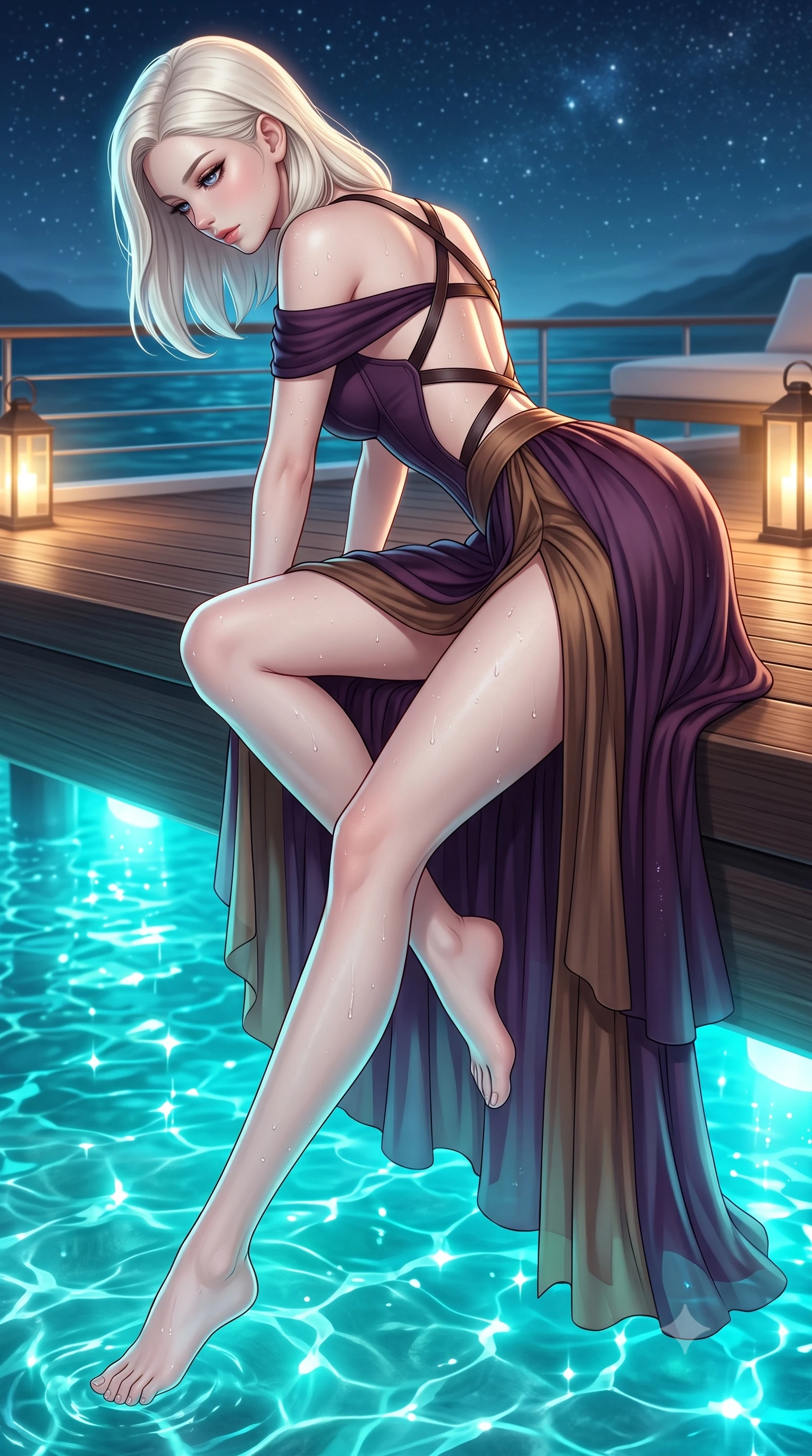 score_9, masterpiece, best quality, ultra-detailed, high-budget anime keyframe, semi-realistic 3D game render, editorial fashion photography, tasteful artistic composition, Caucasian woman. low angle full-body shot from head to toe showing her feet, filling the entire 9:16 vertical frame with her statuesque presence, stretching her vertical silhouette. reclining on her side in an elegant Cleopatra pose with one knee drawn up, the dramatic contour of her rounded hips and long slender legs commanding the 9:16 vertical frame while leaning over the teak deck railing with hips cocked back, looking down into the sparkling turquoise water with enchanted bedroom-eyes. The surrounding environment is rendered in vivid detail and crisp panoramic clarity. detailed swimwear fabric sheen, water droplet beads on skin, and starlit sky clarity in high resolution. She has an exceptionally tall and slender model-like 8.5-heads proportion, an ultra-slim waist, a flat toned midriff, narrow delicate ribcage, and beautifully sculpted feminine hips creating a graceful, slim hourglass silhouette without any bulky heaviness, with impossibly long slender legs. sharp v-shaped jawline, high-bridge nose, intricate jewel-like eyes with depth, thick eyelashes, glossy parted lips with a natural sheen, intensely captivating and seductive bedroom-eyes expression, flawlessly proportioned anatomical accuracy, strict slender model proportions, natural body alignment, perfectly sculpted long slender limbs, ultra-slim waistline, clean dynamic posture without body distortion. wearing an off-shoulder French court corset bodice dress paired with a tiered translucent chiffon slit skirt in deep plum violet and antique bronze, tailored from water-resistant treated wool gabardine and flexible stretch silk, featuring an open-back criss-cross harness strap in dark leather, the second-skin form-contouring cut accentuating her sculpted flat midriff, narrow delicate ribcage, and gracefully curvy hips with supermodel precision. bathed in ethereal turquoise bioluminescent uplights from the water below and soft warm villa deck lanterns. highly saturated vibrant anime colors, detailed shading with soft gradients, rich glossy textures, high-contrast stereoscopic depth, volumetric dynamic lighting, master piece, 9:16 ratio