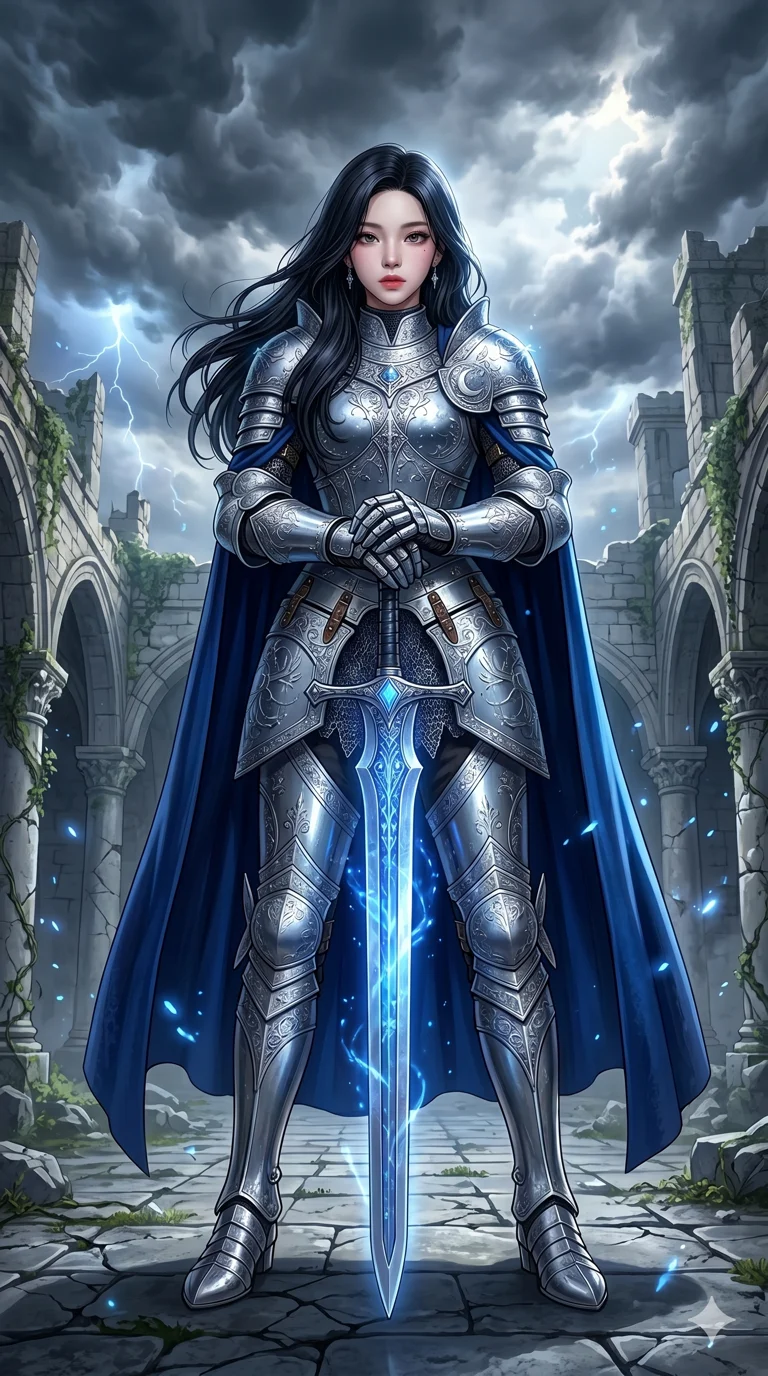 score_9, score_8_up, score_7_up, source_anime, masterpiece, best quality, ultra-detailed, same character with long flowing black hair, wearing ornate silver knight armor with a majestic blue cape, full body shot standing proudly holding a glowing broadsword pointing down, ruined castle courtyard, dramatic dark clouds, epic fantasy atmosphere, 2k, 9:16 ratio