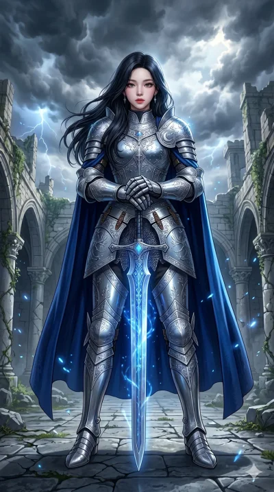 score_9, score_8_up, score_7_up, source_anime, masterpiece, best quality, ultra-detailed, same character with long flowing black hair, wearing ornate silver knight armor with a majestic blue cape, full body shot standing proudly holding a glowing bro