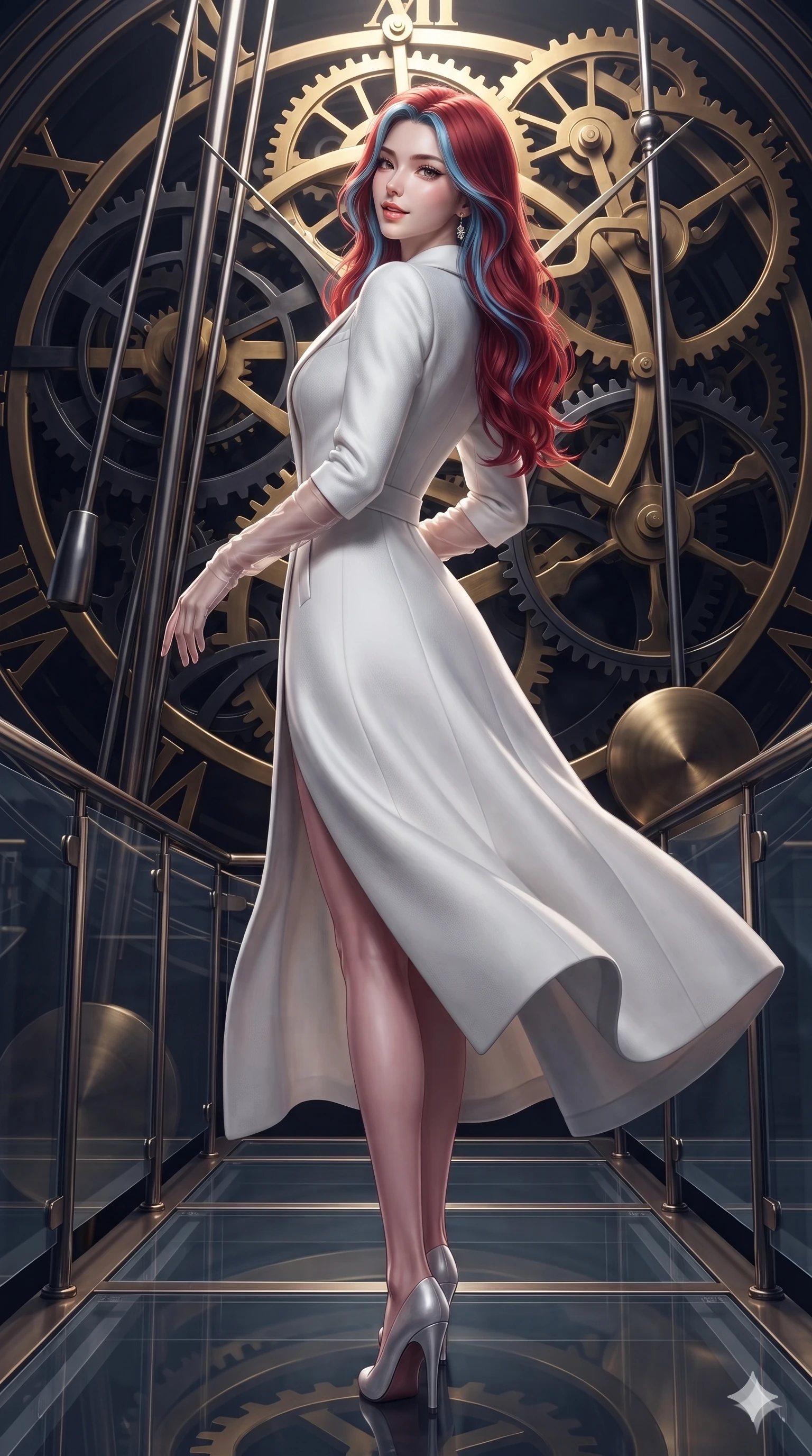 score_9, masterpiece, best quality, ultra-detailed, high-budget anime keyframe, editorial fashion photography, tasteful artistic composition, Caucasian woman. low angle full-body shot from head to toe showing her feet, filling the entire 9:16 vertical frame with her statuesque presence, stretching her vertical silhouette. executing a slow, graceful pivot turn as her skirt sways around her slender legs, glancing back with an enchanting, teasing sensual expression while standing poised on the suspended observation bridge amidst monumental interlocking brass and obsidian gear trains, arching her back with siren allure as celestial clockwork ticks. The surrounding environment is rendered in vivid detail and crisp panoramic clarity: sharp polished brass gear teeth, engraved astronomical gear ratios, and heavy obsidian pendulum rods in deep focus. She has an exceptionally tall and slender model-like 8.5-heads proportion, an ultra-slim waist, a flat toned midriff, narrow delicate ribcage, and beautifully sculpted feminine hips creating a graceful, slim hourglass silhouette without any bulky heaviness, with impossibly long slender legs. sharp v-shaped jawline, high-bridge nose, intricate jewel-like sparkling eyes with depth, thick eyelashes, glossy parted lips with a natural peach sheen, bright cheerful beaming smile with an enchanting and coquettish sensual glint, exuding both youthful cute charm and seductive allure, flawlessly proportioned anatomical accuracy, strict slender model proportions, natural body alignment, perfectly sculpted long slender limbs, ultra-slim waistline, clean dynamic posture without body distortion. wearing a bespoke arctic opera coat dress in snow-white double-faced cashmere with metallic thread accents in deep obsidian black and liquid molten platinum, crafted from bespoke double-faced cashmere with an exceptionally soft tactile finish, complemented by sheer opera-length evening gloves tracing her slender arms, the impeccably tailored cut draping gracefully along her slender figure with aristocratic poise. illuminated by gear train reflection bounce and sharp gold-violet rim lights sculpting her razor-sharp jawline, narrow waist, and curvy hips. ultra-reflective glossy finish, specular highlights, rich textural contrasts, high-contrast stereoscopic depth, volumetric dynamic lighting, 2k, ultra detail, master piece, 9:16 ratio