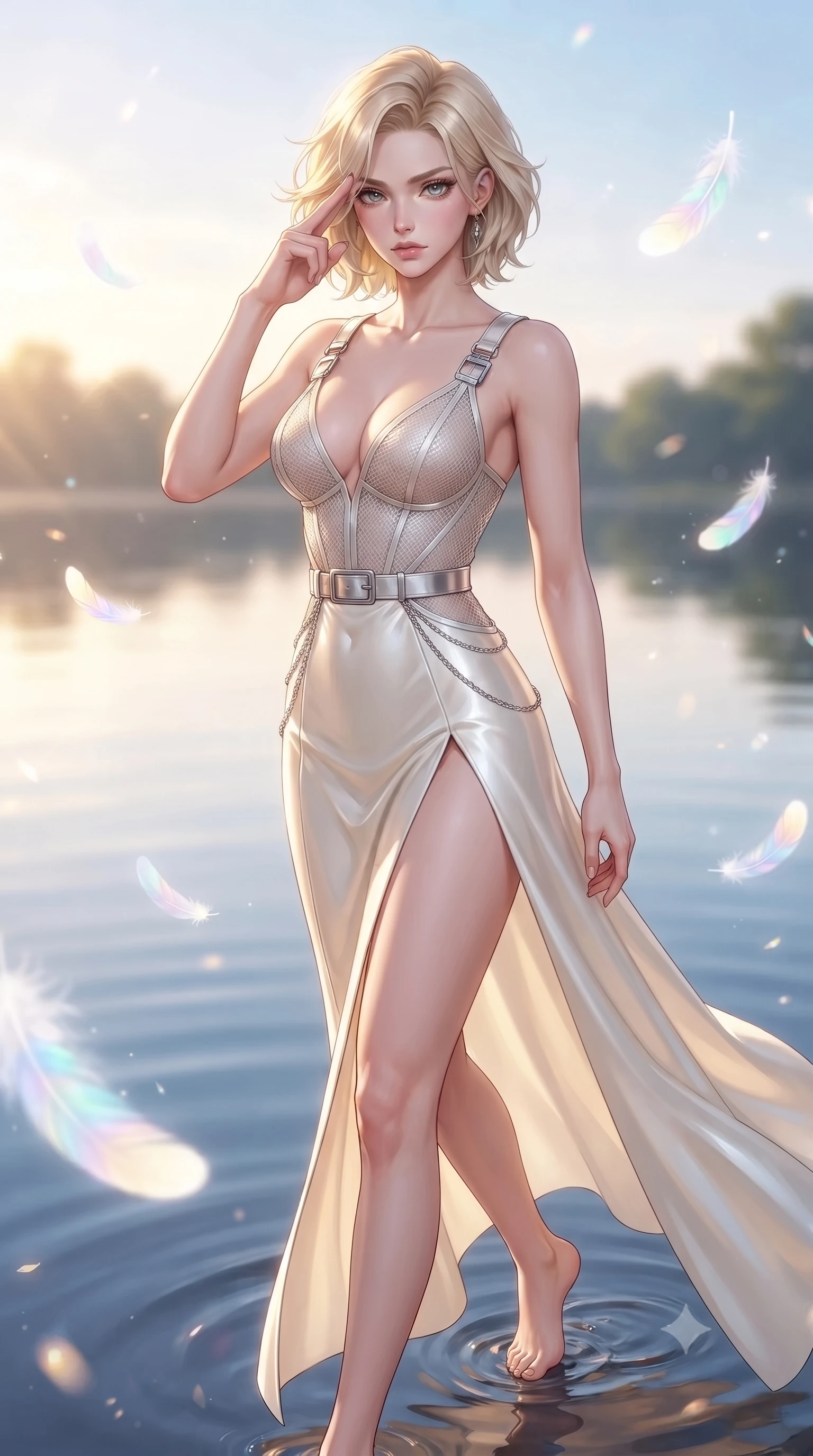 score_9, masterpiece, best quality, ultra-detailed, high-budget anime keyframe, editorial fashion photography, tasteful artistic composition, Caucasian woman. close-up cowboy shot from the waist and thighs up, the character dominates the composition, filling the frame with her large presence, background elements kept in soft focus. Pressing two fingers to her temple in a composed, sharp thoughtful gesture, stepping gracefully into a mirror-still lake under a bright dawn sky, iridescent opal feathers floating gracefully in the air catching morning light. She has an exceptionally elegant, slender, and willowy female figure with an ultra-slim waist, a gracefully sculpted slender torso, and a refined silhouette. sharp v-shaped jawline, high-bridge nose, intricate jewel-like eyes with depth, thick eyelashes, glossy lips with a natural sheen. wearing low-cut structured bodice gown in liquid pearl with high leg slit in glowing ivory, made of fine silver contouring mesh, framed by polished silver buckles and delicate chain details, following her slender form with tailored precision. illuminated by soft golden dawn beams and pure white feather light. highly saturated vibrant anime colors, detailed shading with soft gradients, rich glossy textures, high-contrast stereoscopic depth, volumetric dynamic lighting, master piece, 9:16 ratio