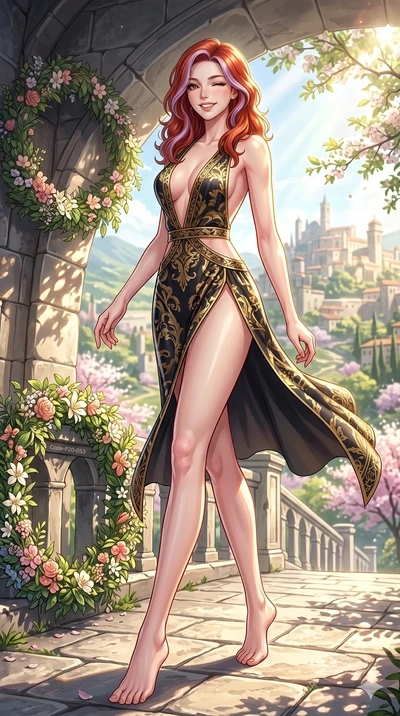 score_9, masterpiece, best quality, ultra-detailed, high-budget anime keyframe, vibrant anime aesthetic, Caucasian woman, strictly human ears. low angle full-body shot from head to toe showing her feet, filling the entire 9:16 vertical frame with her