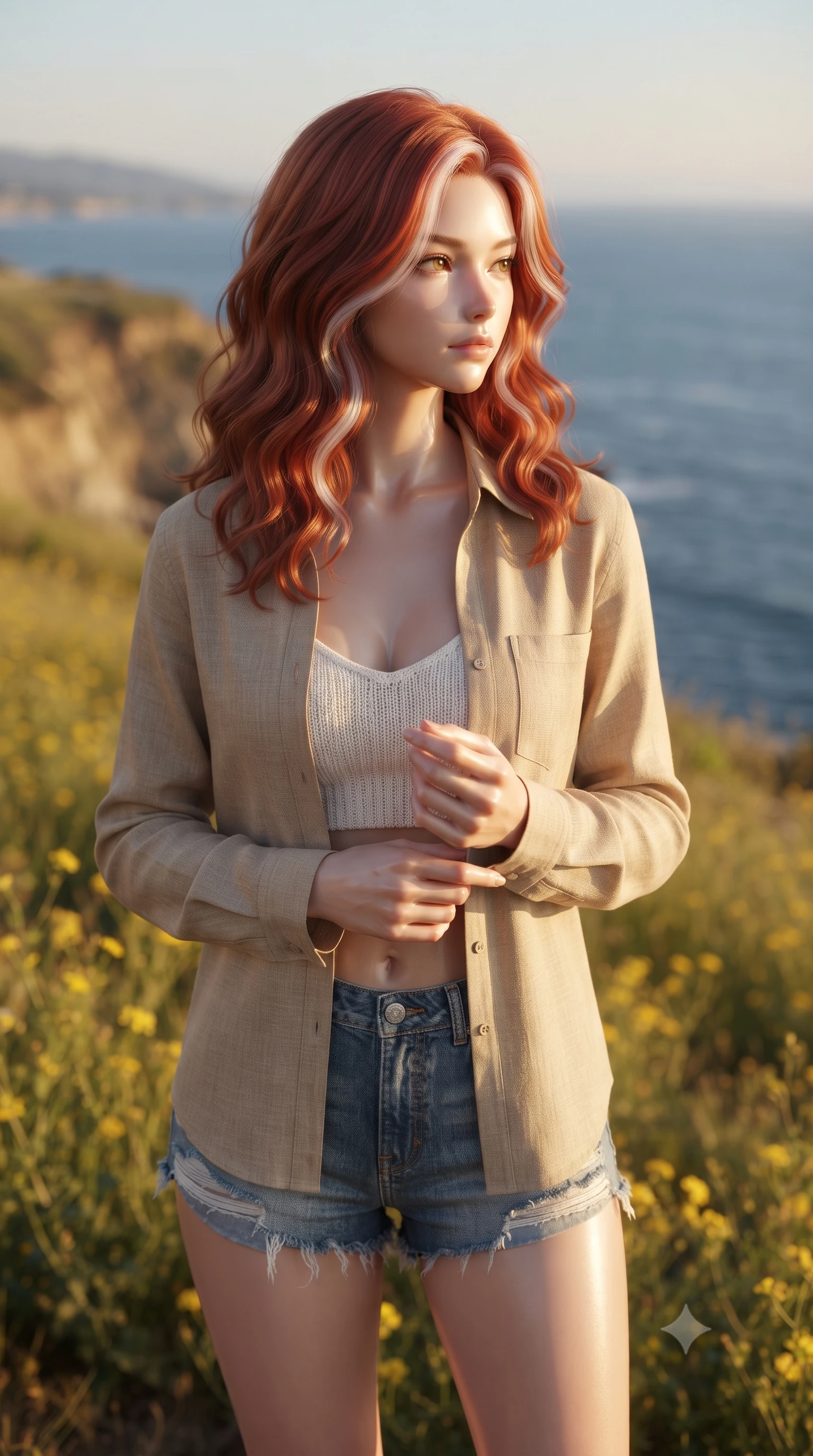 score_9, masterpiece, best quality, ultra-detailed, high-budget anime keyframe, editorial fashion photography, tasteful artistic composition, Caucasian woman woman. close-up cowboy shot from the waist and thighs up, the character dominates the composition, filling the frame with her large presence, background elements kept in soft focus. looking past the camera with a peaceful, thoughtful gaze, enjoying the warm sunlight the background shows a soft-focus a grassy field of wild yellow flowers on a cliff overlooking the ocean. She has an exceptionally elegant, slender, and willowy female figure with an ultra-slim waist, a gracefully sculpted slender torso, and a refined silhouette. sharp v-shaped jawline, high-bridge nose, intricate jewel-like eyes with depth, thick eyelashes, glossy lips with a natural sheen. wearing a form-contouring lightweight open-front linen shirt over a knit crop top and denim micro-shorts. soft golden afternoon light wrapping the landscape in warmth. ultra-reflective glossy finish, specular highlights, metallic sheen, high-contrast stereoscopic depth, volumetric dynamic lighting, 2k, ultra detail, master piece, 9:16 ratio
