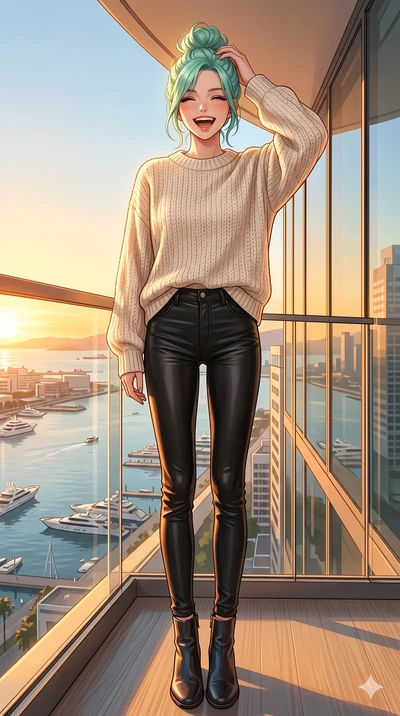 score_9, masterpiece, best quality, ultra-detailed, high-budget anime keyframe, vibrant anime aesthetic, Japanese woman. low angle full-body shot from head to toe showing her feet, filling the entire 9:16 vertical frame with her statuesque presence, 
