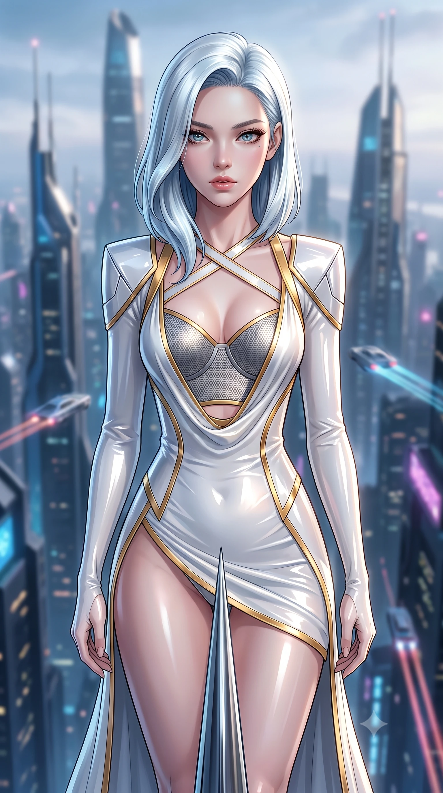 score_9, masterpiece, best quality, ultra-detailed, high-budget anime keyframe, editorial fashion photography, tasteful artistic composition, Korean woman. close-up cowboy shot from the waist and thighs up, the character dominates the composition, filling the frame with her large presence. looking into the camera lens with intense, captivating depth, softly parted glossy lips and thick eyelashes framing her ethereal gaze while standing with statuesque majesty on the extreme chrome spire tip of a 200-story skyscraper above a neon metropolis. The composition keeps background elements in soft focus with creamy bokeh. futuristic skyscraper spires and flying vehicle light trails softened in atmospheric shallow focus. She has an exceptionally elegant, slender, and willowy female figure with an ultra-slim waist, a gracefully sculpted slender torso, toned flat midriff, and a refined slim silhouette. sharp v-shaped jawline, high-bridge nose, intricate jewel-like eyes with depth, thick eyelashes, glossy lips with a natural sheen, flawlessly proportioned anatomical accuracy, strict slender model proportions, natural body alignment, perfectly sculpted long slender limbs, ultra-slim waistline, clean dynamic posture without body distortion. wearing a structured titanium-mesh bustier with geometric shoulder pauldrons and an ultra-slender liquid jersey drape in pristine liquid pearl white and radiant solar gold trim, formed from high-gloss patent material with specular chiaroscuro reflections, complemented by criss-cross back straps highlighting her completely bare spine, the glove-like aerodynamic second-skin fit tightly clinging to her ultra-slender waist and athletic curves without adding bulk, accentuating her razor-sharp statuesque lines and slim hourglass silhouette. surrounded by an exhilarating, supreme, and fiercely alluring cyber-monarch aura. ultra-reflective glossy finish, specular highlights, dark metallic sheen, high-contrast stereoscopic depth, volumetric dynamic lighting, 2k, ultra detail, master piece, 9:16 ratio