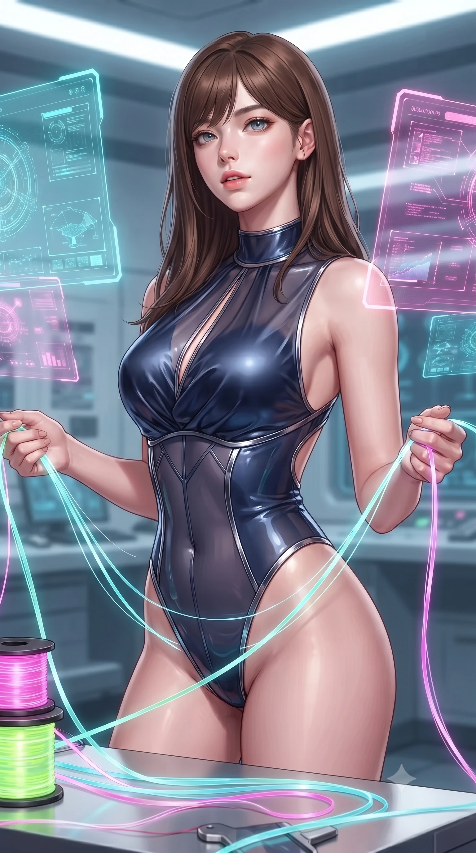 score_9, masterpiece, best quality, ultra-detailed, high-budget anime keyframe, editorial fashion photography, tasteful artistic composition, Korean woman. close-up cowboy shot from the waist and thighs up, the character dominates the composition, filling the frame with her large presence, background elements kept in soft focus. Tilting her chin up slightly with lips parted in a magnetic, composed expression threading neon fiber-optic ribbons in a futuristic laboratory room, translucent cyan and magenta holographic panels hovering seamlessly. She has an exceptionally elegant, slender, and willowy female figure with an ultra-slim waist, a gracefully sculpted slender torso, and a refined silhouette. sharp v-shaped jawline, high-bridge nose, intricate jewel-like eyes with depth, thick eyelashes, glossy lips with a natural sheen. wearing a high-cut translucent vinyl leotard with front paneling and open back in midnight navy blue and chrome trim, crafted from lustrous satin jersey with fluid draping, accented with a Tasteful chest slit framing her clavicle gracefully, the elegant draped fit framing her graceful clavicle and slender torso. surrounded by a crisp high-tech illumination highlighting every sleek curve. ultra-reflective glossy finish, specular highlights, metallic sheen, high-contrast stereoscopic depth, volumetric dynamic lighting, 2k, ultra detail, master piece, 9:16 ratio