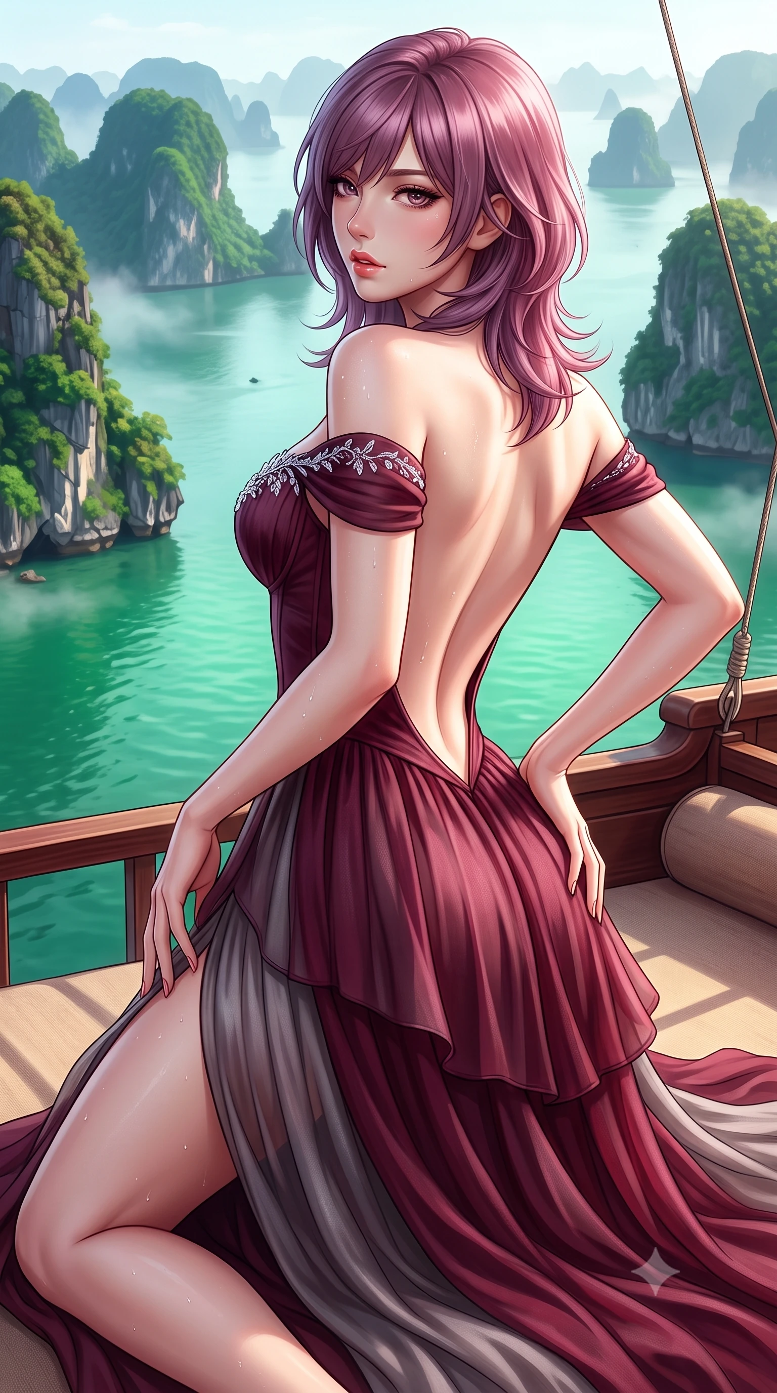 score_9, masterpiece, best quality, ultra-detailed, high-budget anime keyframe, semi-realistic 3D game render, editorial fashion photography, tasteful artistic composition, Japanese woman. close-up cowboy shot from the waist and thighs up, the character dominates the composition, filling the frame with her large presence. posing in an alluring rear three-quarter angle, arching her lower back in a pronounced S-curve with one hand on her hip, glancing seductively over her bare shoulder with parted glossy lips while reclining on an outdoor mahogany daybed aboard the luxury wooden junk boat, arching her back as emerald karst islands rise dramatically from mist-shrouded jade waters. The surrounding environment is rendered in vivid detail and crisp panoramic clarity. detailed linen resort wear weave, sea mist beads on skin, and Halong Bay landscape clarity in high resolution. She has an exceptionally elegant, slender, and willowy female figure with an ultra-slim waist, flat toned midriff, narrow ribcage, and sculpted feminine hips creating an alluring, slim hourglass silhouette without bulk. sharp v-shaped jawline, high-bridge nose, intricate jewel-like eyes with depth, thick eyelashes, glossy parted lips with a natural sheen, intensely captivating and seductive bedroom-eyes expression, flawlessly proportioned anatomical accuracy, strict slender model proportions, natural body alignment, perfectly sculpted long slender limbs, ultra-slim waistline, clean dynamic posture without body distortion. wearing an off-shoulder French court corset bodice dress paired with a tiered translucent chiffon slit skirt in deep wine burgundy and brushed dark platinum, woven from layered gossamer chiffon with a weightless sweeping drape, finished with delicate crystal frost embroidery tracing the plunging neckline, the dramatically scooped open back descending to the base of her spine, accentuating her razor-sharp statuesque lines and slim hourglass silhouette. illuminated by radiant jade water reflections accentuating her sculpted midriff, narrow waist, and curvy hips. highly saturated vibrant anime colors, detailed shading with soft gradients, rich glossy textures, high-contrast stereoscopic depth, volumetric dynamic lighting, master piece, 9:16 ratio