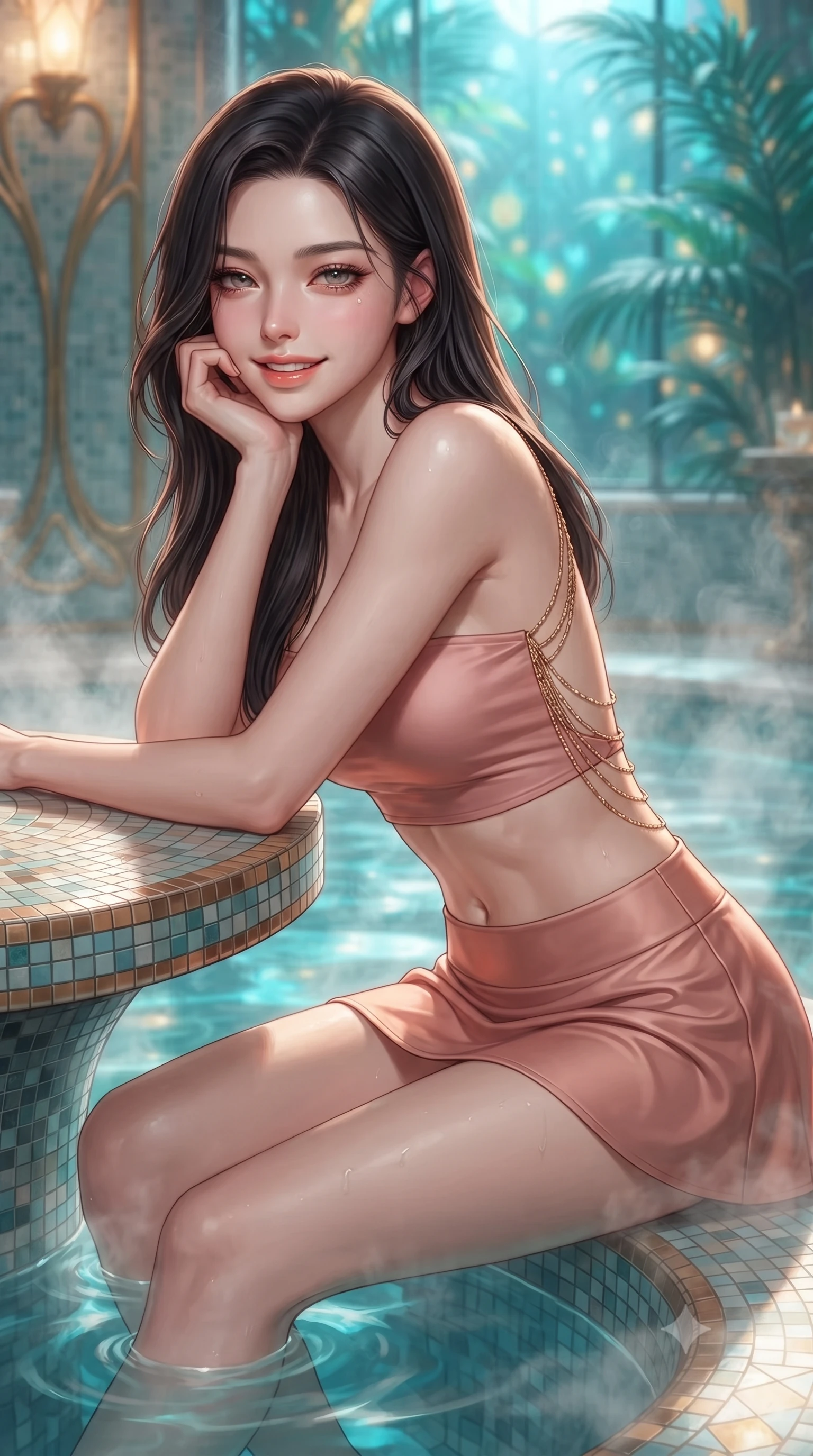 score_9, masterpiece, best quality, ultra-detailed, high-budget anime keyframe, editorial fashion photography, tasteful artistic composition, Korean woman. close-up cowboy shot from the waist and thighs up, the character dominates the composition, filling the frame with her large presence. resting one elbow on the table and supporting her chin, leaning close to the camera with heavy-lidded sparkling eyes and parted lips while lounging in the steaming water propped on the curved mosaic rim with legs extended, her statuesque 8.5-heads silhouette commanding the sanctuary. The background shows a soft-focus steaming bathwater surface caustics, sinuous gilded Art Nouveau whiplash curves on tiled walls, and moonlit greenhouse palms blurred into turquoise, gold, and jade bokeh. She has an exceptionally elegant, slender, and willowy female figure with an ultra-slim waist, flat toned midriff, narrow ribcage, and sculpted feminine hips creating an alluring, slim hourglass silhouette without bulk. sharp v-shaped jawline, high-bridge nose, intricate jewel-like sparkling eyes with depth, thick eyelashes, glossy parted lips with a natural peach sheen, bright cheerful beaming smile with an enchanting and coquettish sensual glint, exuding both youthful cute charm and seductive allure, flawlessly proportioned anatomical accuracy, strict slender model proportions, natural body alignment, perfectly sculpted long slender limbs, ultra-slim waistline, clean dynamic posture without body distortion. wearing an ultra-cropped fitted bandeau top paired with a micro mini tennis skirt revealing her flat midriff in Grasse centifolia rose petal blush and burnished copper, made of fluid liquid jersey with seamless sculpting hold and smooth contours, accented with an open-back drape framed by falling strands of delicate gold chains, the impeccably tailored cut draping gracefully along her slender figure with aristocratic poise. bathed in underwater pool turquoise LEDs combined with warm 2500K sconce glows and moonbeams through stained glass. ultra-reflective glossy finish, specular highlights, rich textural contrasts, high-contrast stereoscopic depth, volumetric dynamic lighting, 2k, ultra detail, master piece, 9:16 ratio