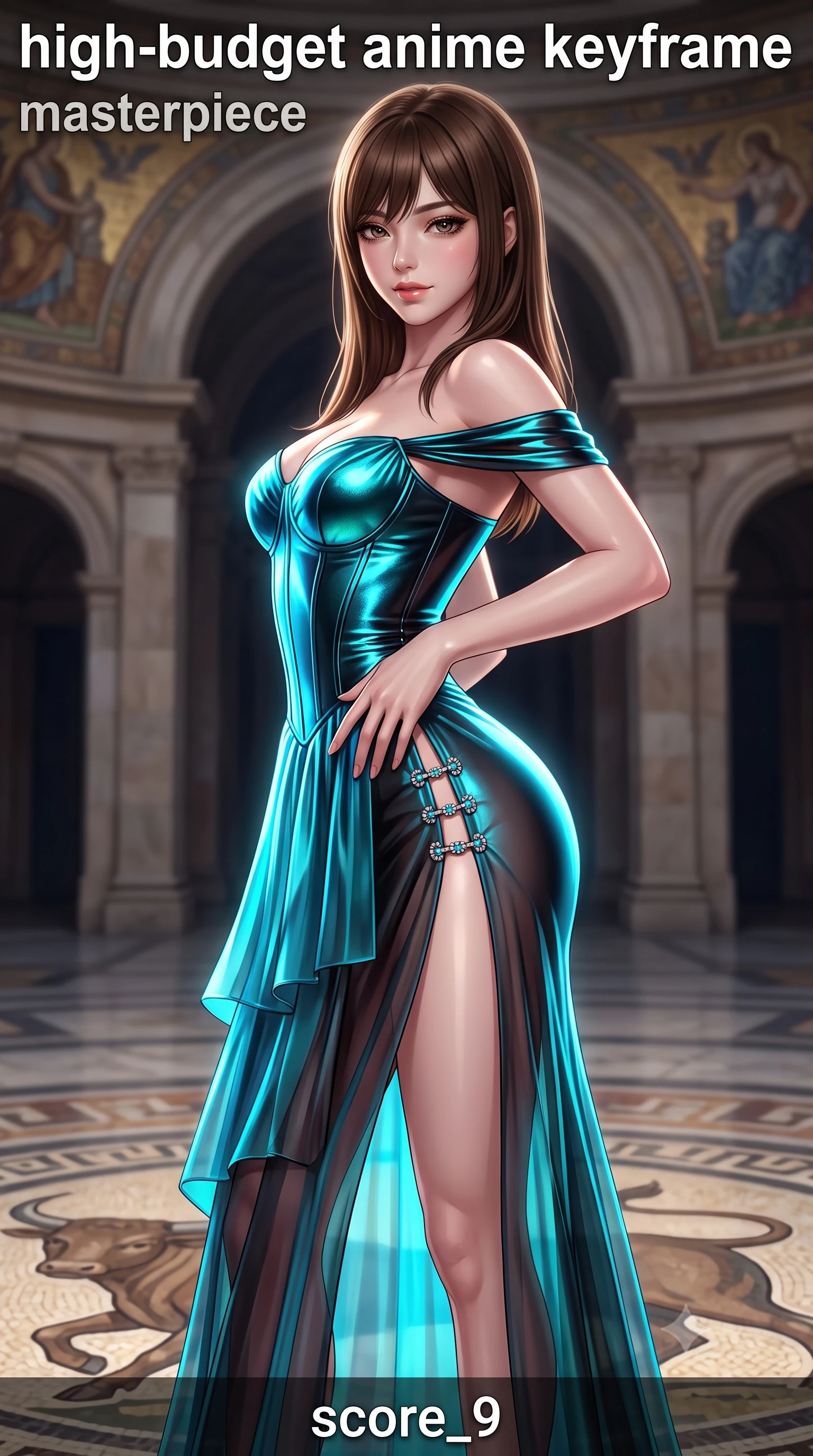 score_9, masterpiece, best quality, ultra-detailed, high-budget anime keyframe, semi-realistic 3D game render, editorial fashion photography, tasteful artistic composition, Korean woman. close-up cowboy shot from the waist and thighs up, the character dominates the composition, filling the frame with her large presence. arching her spine backward with effortless dancer poise, one hand sliding along her hip line as directional light carves specular highlights along her silhouette while pausing at the center of the famous mosaic bull floor with hips cocked back, glancing over a bare shoulder with an audacious, haute-couture smile. The composition keeps background elements in soft focus with creamy bokeh. neoclassical stone arches and decorative mosaic murals softened in midnight Italian shallow focus. She has an exceptionally elegant, slender, and willowy female figure with an ultra-slim waist, flat toned midriff, narrow ribcage, and sculpted feminine hips creating an alluring, slim hourglass silhouette without bulk. sharp v-shaped jawline, high-bridge nose, intricate jewel-like eyes with depth, thick eyelashes, glossy parted lips with a natural sheen, intensely captivating and seductive bedroom-eyes expression, flawlessly proportioned anatomical accuracy, strict slender model proportions, natural body alignment, perfectly sculpted long slender limbs, ultra-slim waistline, clean dynamic posture without body distortion. wearing an off-shoulder French court corset bodice dress paired with a tiered translucent chiffon slit skirt in neon electric cyan and lacquer black, crafted from luxurious metallic lamé that shifts radiance with every step, finished with an ultra-high side slit secured by miniature jeweled clasps, the glove-like aerodynamic silhouette tightly following the natural contour of her hips and long slender legs with statuesque 8.5-heads elegance. illuminated by polished marble floor specular bounce sharply defining her sculpted collarbones, ultra-slim waist, and curvy hips. highly saturated vibrant anime colors, detailed shading with soft gradients, rich glossy textures, high-contrast stereoscopic depth, volumetric dynamic lighting, master piece, 9:16 ratio