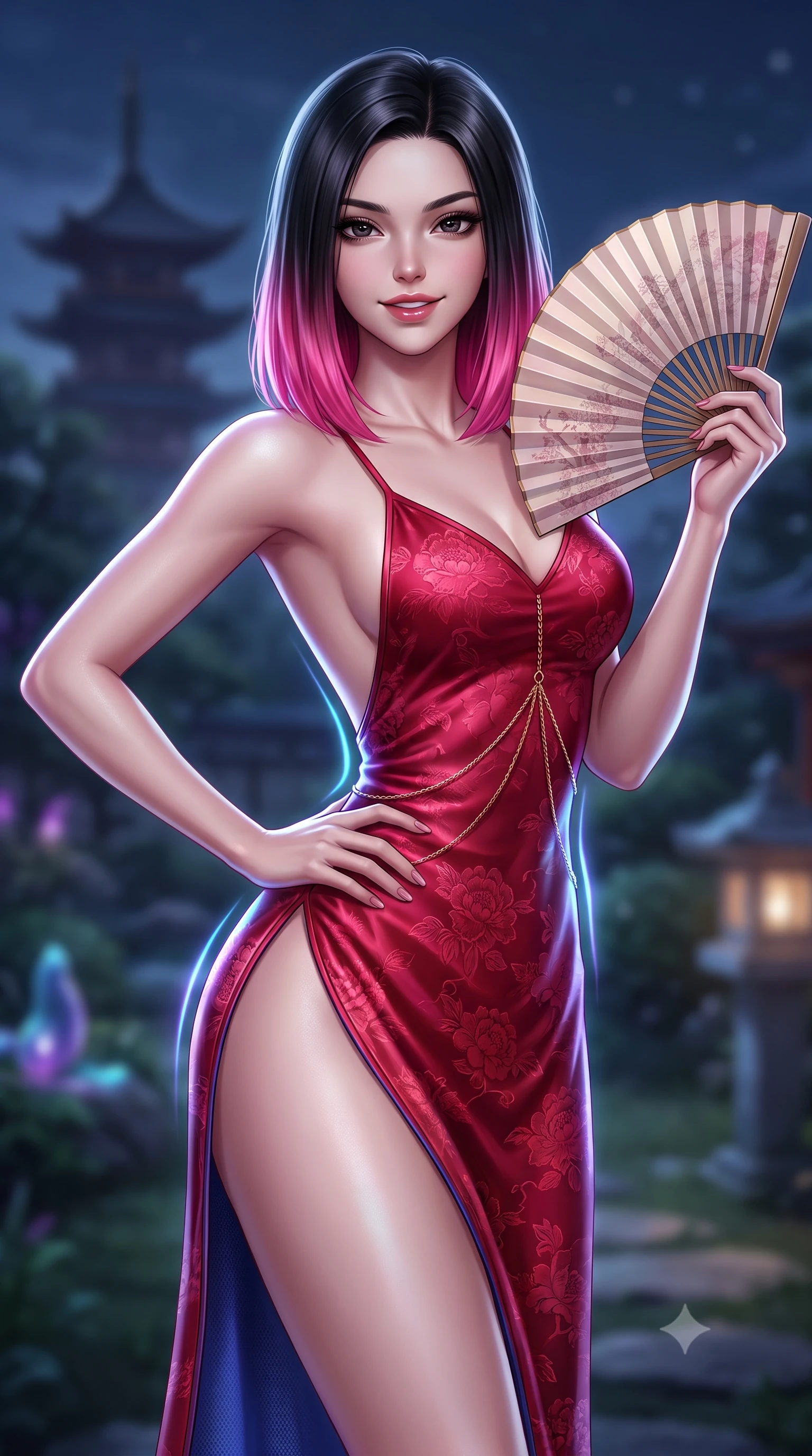 score_9, masterpiece, best quality, ultra-detailed, high-budget anime keyframe, semi-realistic 3D game render, editorial fashion photography, tasteful artistic composition, Korean woman. close-up cowboy shot from the waist and thighs up, the character dominates the composition, filling the frame with her large presence. twisting her slender torso in an alluring contrapposto stance, one hand resting on her sculpted hip while holding a traditional silk folding fan with effortless poise while twisting her slender torso in an alluring contrapposto stance, bioluminescent cyan and violet ripples tracing her narrow waist and curvy hips. The background shows a soft-focus a quiet pagoda silhouette in the distance softened in magical oriental fantasy shallow focus. She has an exceptionally elegant, slender, and willowy female figure with an ultra-slim waist, flat toned midriff, narrow ribcage, and sculpted feminine hips creating an alluring, slim hourglass silhouette without bulk. sharp v-shaped jawline, high-bridge nose, intricate jewel-like dark sparkling almond eyes with depth, thick lashes, glossy parted lips with a natural rose-plum sheen, bright alluring and coquettish smile with bedroom-eyes, exuding both timeless oriental elegance and sovereign high-fashion allure, flawlessly proportioned anatomical accuracy, strict slender model proportions, natural body alignment, perfectly sculpted long slender limbs, ultra-slim waistline, clean dynamic posture without body distortion. wearing a backless crimson silk slip dress with oriental peony jacquard and a side hip slit ascending to the high waist in royal cobalt blue and starlight platinum, made of sheer technical micro-mesh with contouring shadow effects, accented with a delicate gold body chain draping loosely across her flat midriff, the glove-like silhouette tightly following the natural contour of her hips and long slender legs with youthful 8.5-heads elegance. illuminated by soft moonlight and sharp platinum rim lights defining her sculpted collarbones, ultra-slim waist, and curvy hips. highly saturated vibrant anime colors, detailed shading with soft gradients, rich glossy textures, high-contrast stereoscopic depth, volumetric dynamic lighting, master piece, 9:16 ratio