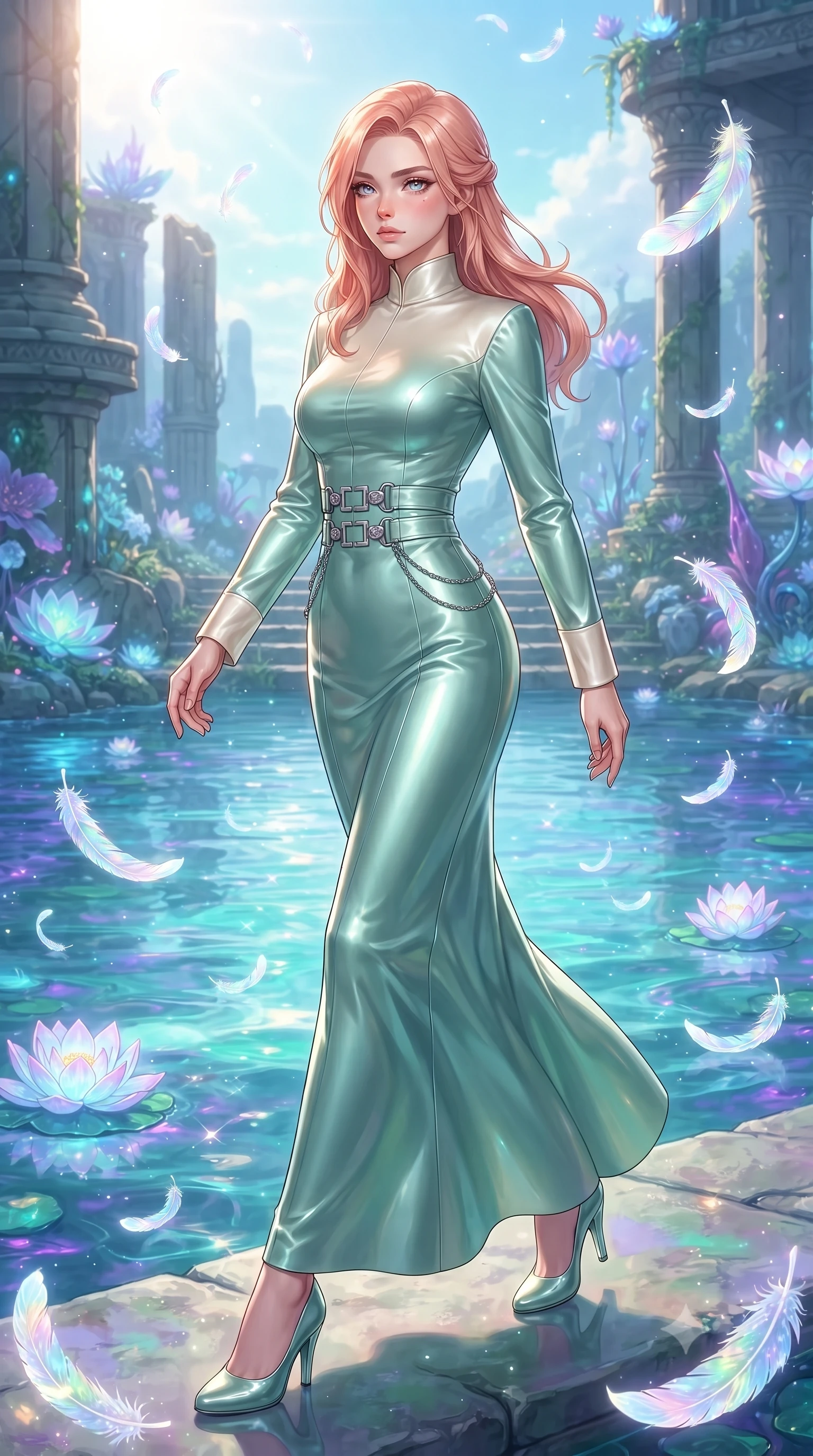score_9, masterpiece, best quality, ultra-detailed, high-budget anime keyframe, editorial fashion photography, tasteful artistic composition, Japanese woman. low angle full-body shot from head to toe showing her feet, filling the entire 9:16 vertical frame with her statuesque presence, stretching her vertical silhouette. navigating the celestial sanctuary with an effortless, graceful stride, standing beside a crystal lake filled with floating opal swan feathers and bioluminescent lotus, iridescent opal feathers floating gracefully in the air catching morning light. She has an absolutely perfect, statuesque 8.5-heads proportion, an exceptionally tall and slender model-like female figure with impossibly long slender legs and an ultra-slim waist. sharp v-shaped jawline, high-bridge nose, intricate jewel-like eyes with depth, thick eyelashes, glossy lips with a natural sheen. wearing long-sleeved seafoam green satin gown with high structured collar in glowing ivory, made of high-gloss liquid pearl vinyl, framed by polished silver buckles and delicate chain details, highlighting her statuesque proportions and ultra-slim waistline. lit by clear sun-drenched light casting gentle morning shadows. ultra-reflective glossy finish, specular highlights, metallic sheen, high-contrast stereoscopic depth, volumetric dynamic lighting, 2k, ultra detail, master piece, 9:16 ratio