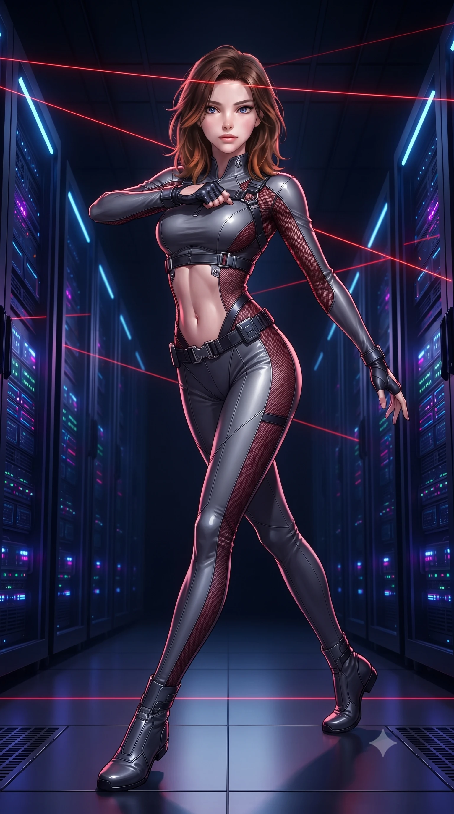score_9, masterpiece, best quality, ultra-detailed, high-budget anime keyframe, editorial fashion photography, tasteful artistic composition, Korean woman. low angle full-body shot from head to toe showing her feet, filling the entire 9:16 vertical frame with her statuesque presence, stretching her vertical silhouette. stepping forward gracefully in mid-motion, displaying her toned flat midriff and flawlessly sculpted slender limbs while navigating a high-security mainframe server vault, contorting her slender athletic body in a flawless gymnastic evasion beneath glowing red laser grids. The surrounding environment is rendered in vivid detail and crisp panoramic clarity. deep high-contrast espionage chiaroscuro and ultra-modern data fortress architecture in precision. She has an absolutely perfect, statuesque 8.5-heads proportion, an exceptionally tall and slender model-like female figure with impossibly long slender legs, a toned flat midriff, and an ultra-slim waist. sharp v-shaped jawline, high-bridge nose, intricate jewel-like eyes with depth, thick eyelashes, glossy lips with a natural sheen, captivating and magnetic expression, flawlessly proportioned anatomical accuracy, strict slender model proportions, natural body alignment, perfectly sculpted long slender limbs, ultra-slim waistline, clean dynamic posture without body distortion. wearing a sharp asymmetrical spy bodysuit with sheer contouring mesh panels, reinforced strike shoulders, and utility waist harness in storm grey and dark scarlet trim, made of high-mobility liquid jersey and semi-opaque reinforced mesh, accented with concealed lockpick wristbands and polished dark chrome hardware, the form-contouring material adhering flawlessly to her sculpted flat midriff and slender torso, emphasizing her long leg lines and perfectly proportioned willowy build. illuminated by crisp directional rim lighting sharply carving her ultra-slim waist and sculpted silhouette. ultra-reflective glossy finish, specular highlights, rich textural contrasts, high-contrast stereoscopic depth, volumetric dynamic lighting, 2k, ultra detail, master piece, 9:16 ratio