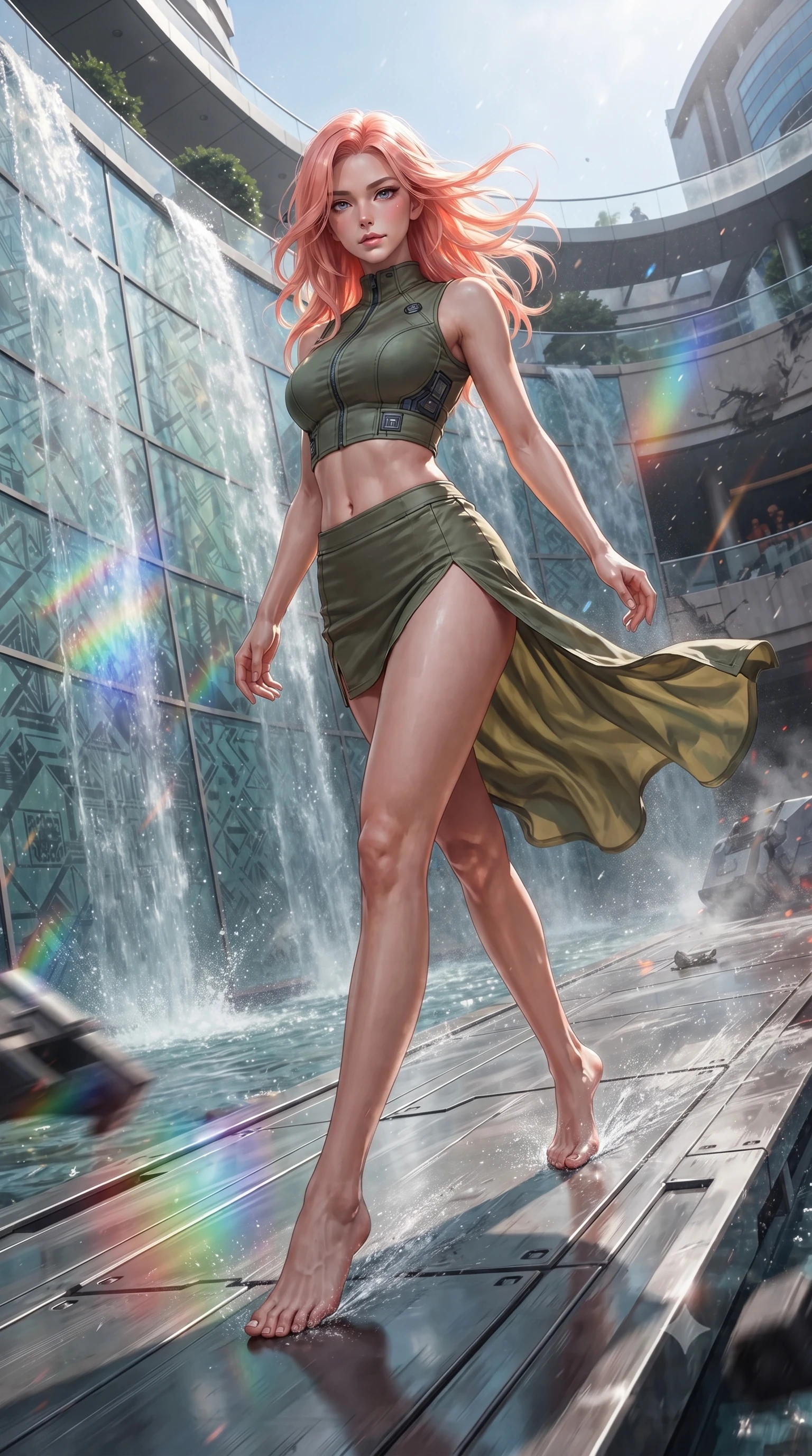 score_9, masterpiece, best quality, ultra-detailed, high-budget anime keyframe, editorial fashion photography, tasteful artistic composition, realistic cosplay photography, Japanese woman. low angle full-body shot from head to toe showing her feet, filling the entire 9:16 vertical frame with her statuesque presence, stretching her vertical silhouette. skidding across a metal flight deck as the starship tilts violently during battle inside a public plaza built on a series of terraces, with artificial water streams flowing down glass walls. She has a statuesque 8.5-heads proportion, an exceptionally tall, slender and willowy model-like build with impossibly long legs and a highly sculpted ultra-slim waist. sharp v-shaped jawline, high-bridge nose, intricate jewel-like eyes with depth, thick eyelashes, glossy lips with a natural sheen. wearing the lightweight fabric rippling and billowing dramatically with her movement, a body-hugging tactical spy crop top in olive green, paired with a low-rise matching mini skirt featuring a high side thigh slit. rainbow light refracting through water mist and geometric glass panels. ultra-reflective glossy finish, specular highlights, metallic sheen, high-contrast stereoscopic depth, volumetric dynamic lighting, 2k, ultra detail, master piece, 9:16 ratio