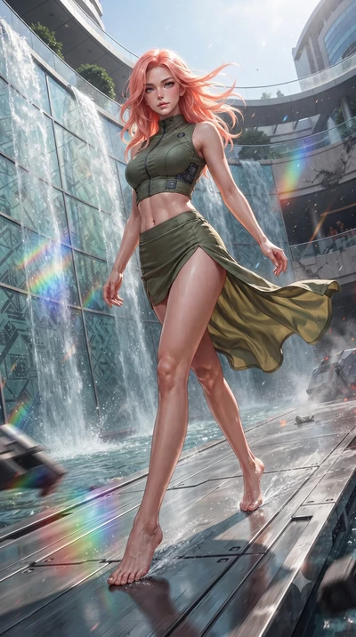 score_9, masterpiece, best quality, ultra-detailed, high-budget anime keyframe, editorial fashion photography, tasteful artistic composition, realistic cosplay photography, Japanese woman. low angle full-body shot from head to toe showing her feet, f
