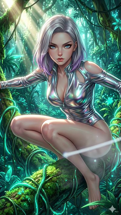 A cinematic camera pan of the character in a futuristic setting. Volumetric sunlight streams through the windows, creating dynamic rainbow lens flares and moving light beams. Cybernetic particles and soft cosmic dust float gently in the air. A subtle
