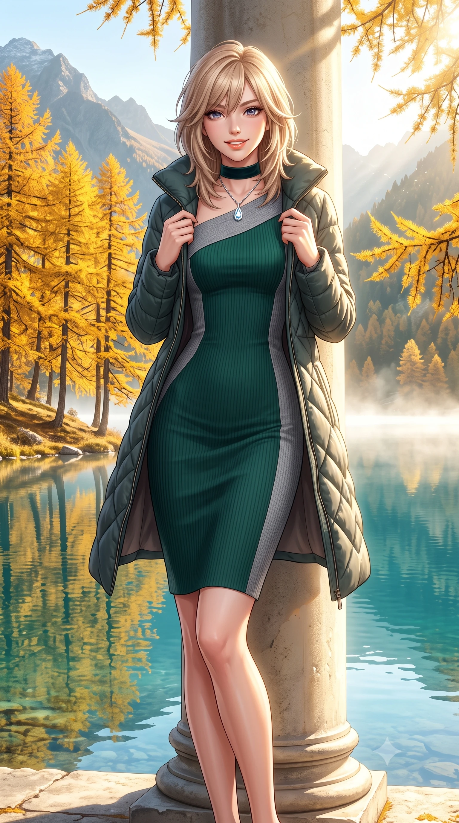 score_9, masterpiece, best quality, ultra-detailed, high-budget anime keyframe, semi-realistic 3D game render, editorial fashion photography, tasteful artistic composition, Japanese woman. low angle full-body shot from head to toe showing her feet, filling the entire 9:16 vertical frame with her statuesque presence, stretching her vertical silhouette. leaning lightly against the sunlit architectural column with hips cocked back, flashing a warm, alluring, confident smile while pausing beneath a stand of brilliant golden larch trees reflecting in the turquoise water, holding her coat lapels with refined elegance. The surrounding environment is rendered in vivid detail and crisp panoramic clarity: detailed quilted down-tailored coat quilting, high funnel neck collar, and alpine lakeside topography in high resolution. She has an exceptionally tall and slender model-like 8.5-heads proportion, an ultra-slim waist, a flat toned midriff, narrow delicate ribcage, and beautifully sculpted feminine hips creating a graceful, slim hourglass silhouette without any bulky heaviness, with impossibly long slender legs. sharp v-shaped jawline, high-bridge nose, intricate jewel-like sparkling eyes with depth, thick eyelashes, glossy parted lips with a natural peach sheen, bright cheerful beaming smile with an enchanting and coquettish sensual glint, exuding both youthful cute charm and seductive allure, flawlessly proportioned anatomical accuracy, strict slender model proportions, natural body alignment, perfectly sculpted long slender limbs, ultra-slim waistline, clean dynamic posture without body distortion. wearing an elegant fitted liquid crepe cocktail sheath dress with an asymmetric neckline tracing her delicate collarbones and narrow waist in St. Moritz pine forest emerald and heather grey, tailored from form-contouring ribbed merino wool hugging her torso like a second skin, finished with a narrow velvet neck ribbon and a sparkling teardrop crystal pendant, the second-skin tailored fabric adhering flawlessly to her sculpted flat midriff and slender torso, emphasizing her long leg lines and perfectly proportioned willowy build. bathed in crisp, sparkling morning sun breaking over mountain crests, illuminating lake mist with ethereal golden backlighting. highly saturated vibrant anime colors, detailed shading with soft gradients, rich glossy textures, high-contrast stereoscopic depth, volumetric dynamic lighting, master piece, 9:16 ratio