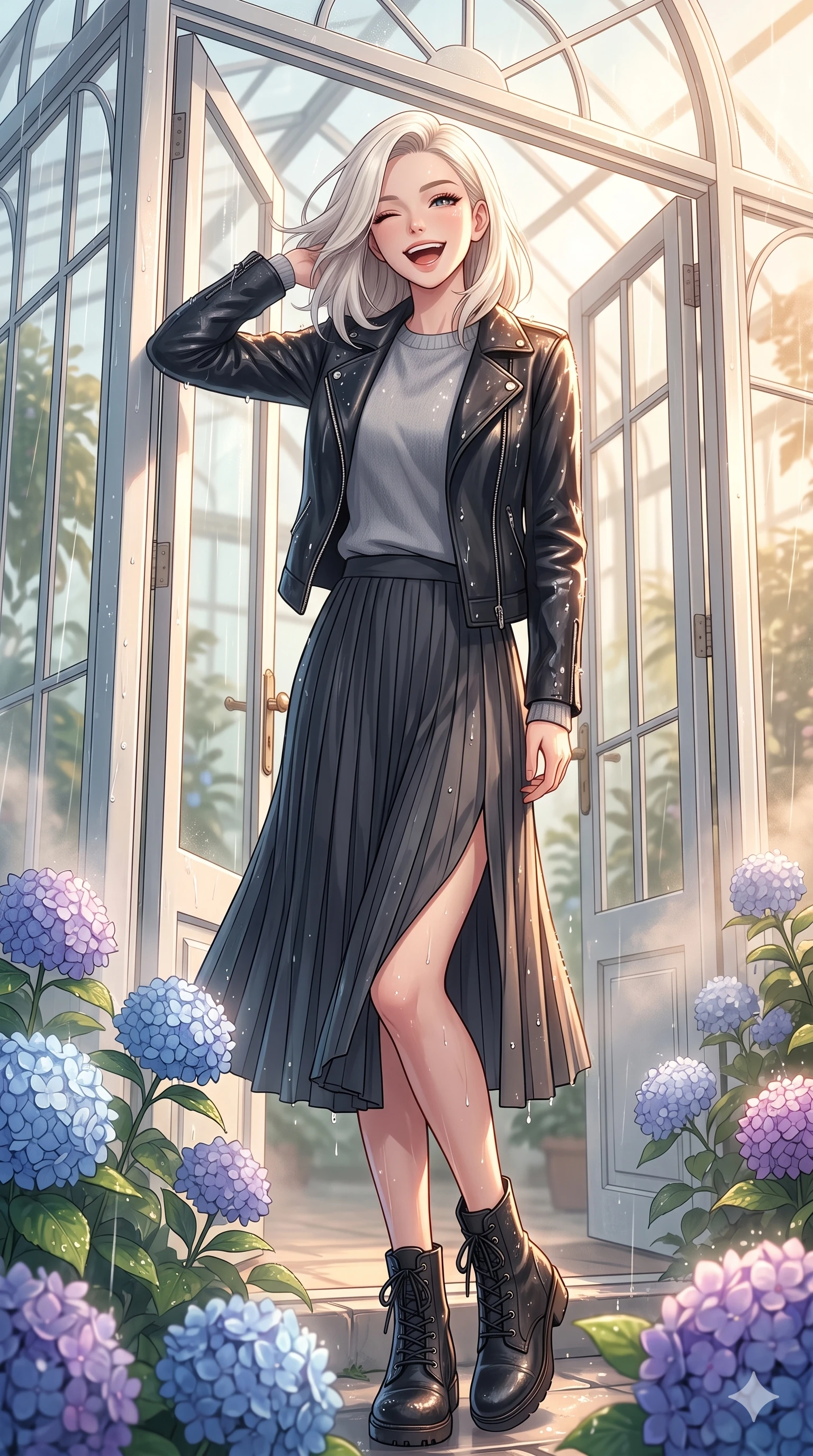 score_9, masterpiece, best quality, ultra-detailed, high-budget anime keyframe, vibrant anime aesthetic, Caucasian woman, strictly human ears. low angle full-body shot from head to toe showing her feet, filling the entire 9:16 vertical frame with her statuesque presence, stretching her vertical silhouette. She is leaning against a greenhouse frame, winking and laughing happily, her eyes glowing with lively energy surrounded by fresh morning mist. by a botanical conservatory entrance with large glass double doors, surrounded by rain-drenched hydrangeas (Code-P22-024). She has an absolutely perfect 8-heads proportion, an exceptionally tall and slender female figure with impossibly long slender legs and an ultra-slim waist. V-shaped jawline, high-bridge nose, intricate jewel-like eyes with depth, thick eyelashes, glossy lips with a natural sheen. wearing a sleek black leather jacket over a grey crewneck sweater and a pleated midi skirt with stylish boots. She is drenched in bright, warm sun showers, casting sharp highlights on the raindrops, creating a warm, inviting, and atmospheric glow during a refreshing sun shower. 2k, ultra detail, master piece, 9:16 ratio