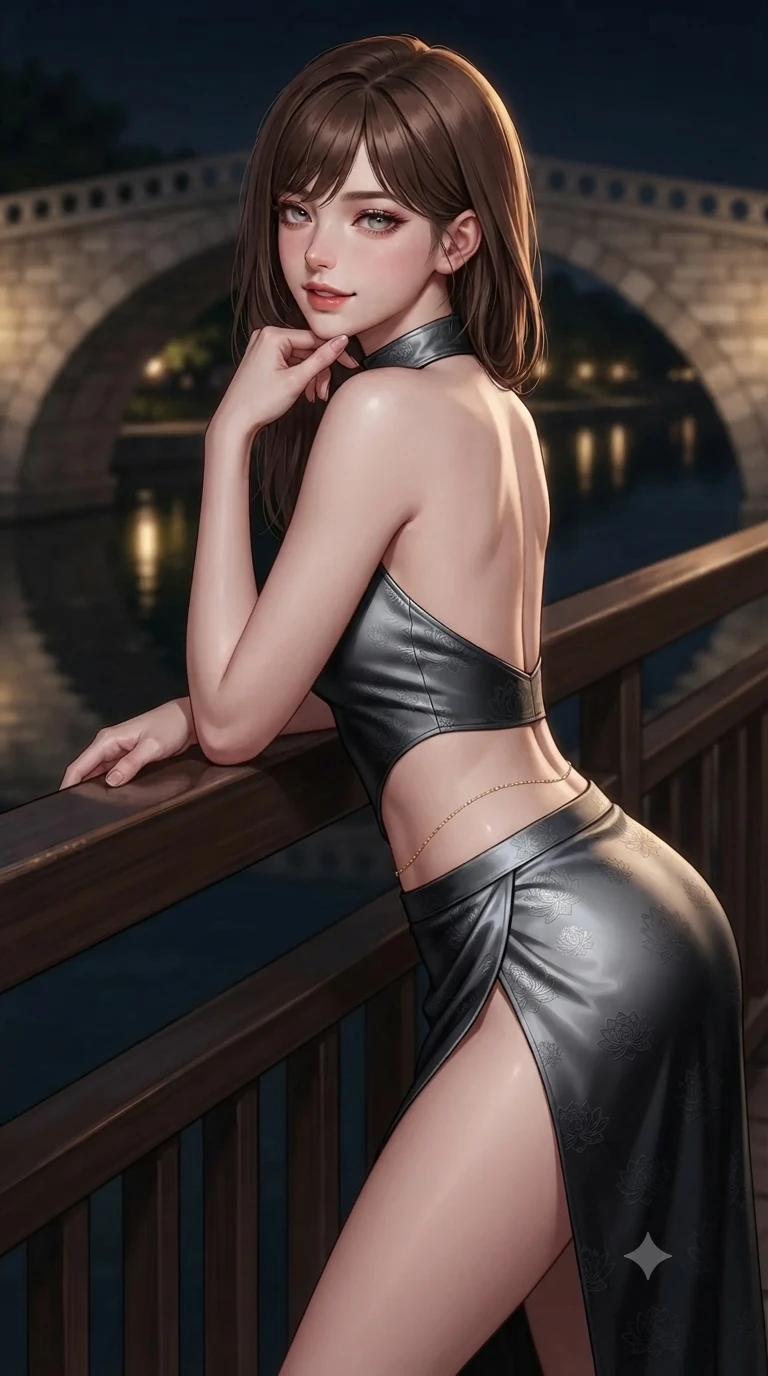 score_9, masterpiece, best quality, ultra-detailed, high-budget anime keyframe, editorial fashion photography, tasteful artistic composition, Korean woman. close-up cowboy shot from the waist and thighs up, the character dominates the composition, filling the frame with her large presence. resting one elbow on the lacquered balustrade and supporting her chin, leaning close to the camera with heavy-lidded sparkling eyes and parted lips while stepping gracefully over the arched stone crest, glancing back over a bare shoulder with an irresistible smoldering bedroom-gaze. The background shows a soft-focus historic arched stone bridge softened in idyllic nocturnal river shallow focus. She has an exceptionally elegant, slender, and willowy female figure with an ultra-slim waist, flat toned midriff, narrow ribcage, and sculpted feminine hips creating an alluring, slim hourglass silhouette without bulk. sharp v-shaped jawline, high-bridge nose, sparkling eyes with hypnotic seductive depth, thick curled eyelashes, glossy parted lips with a natural dewy peach sheen, alluring bedroom-eyes with an enchanting coquettish smile, exuding magnetic siren charisma and sophisticated glamour, flawlessly proportioned anatomical accuracy, strict slender model proportions, natural body alignment, perfectly sculpted long slender limbs, ultra-slim waistline, clean dynamic posture without body distortion. wearing a sleek high-neck backless silk halter leotard styled with a high-slit chima wrap skirt revealing her long slender legs in liquid mercury chrome and deep ink black, tailored from rich silk jacquard with subtle embossed lotus blossom patterns, finished with a dainty gold belly chain resting across her flat midriff and curving hips, the form-contouring silhouette accentuating her sculpted flat midriff, narrow delicate ribcage, and gracefully curvy hips with intoxicating allure. illuminated by stream water bounce and sharp golden-amber rim lights sculpting her razor-sharp jawline, narrow waist, and curvy hips. ultra-reflective glossy finish, specular highlights, rich textural contrasts, high-contrast stereoscopic depth, volumetric dynamic lighting, 2k, ultra detail, master piece, 9:16 ratio