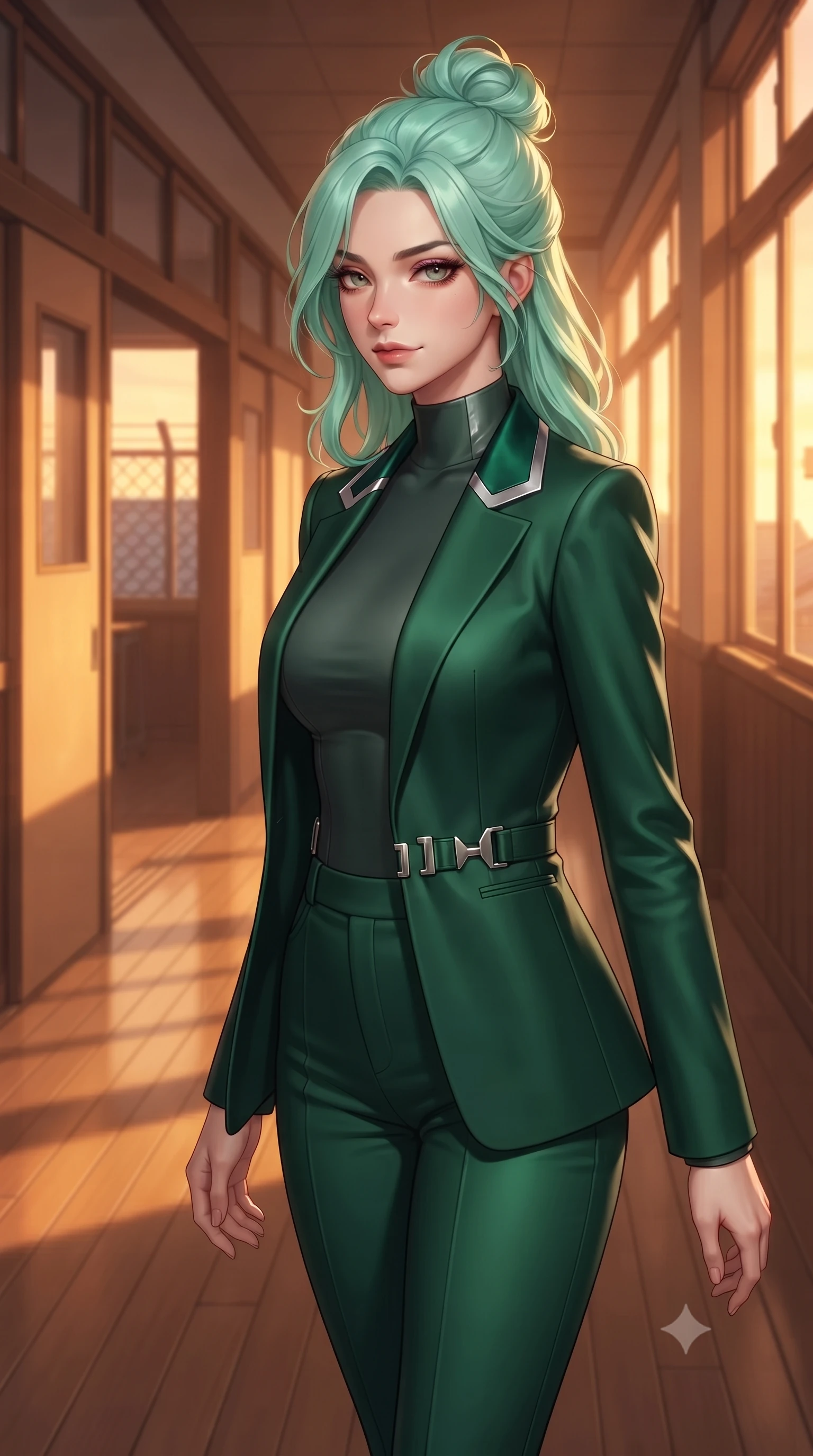 score_9, masterpiece, best quality, ultra-detailed, high-budget anime keyframe, editorial fashion photography, tasteful artistic composition, Japanese woman. close-up cowboy shot from the waist and thighs up, the character dominates the composition, filling the frame with her large presence, background elements kept in soft focus. Glancing sidelong over her shoulder with a smoldering half-smile and heavy lashes walking down a quiet wooden school hallway illuminated by warm golden hour rays, golden hour sunbeams casting dramatic fence grid shadows on the roof deck. She has an exceptionally elegant, slender, and willowy female figure with an ultra-slim waist, a gracefully sculpted slender torso, and a refined silhouette. sharp v-shaped jawline, high-bridge nose, intricate jewel-like eyes with depth, thick eyelashes, glossy lips with a natural sheen. wearing a tailored silk blazer over a form-contouring top and fitted slacks in deep emerald green and silver accent, formed from sleek second-skin neoprene, detailed with polished silver buckles along the waistline, the elegant draped fit framing her graceful clavicle and slender torso. bathed in brilliant golden hour sunset rays and warm amber ambient light. highly saturated vibrant anime colors, detailed shading with soft gradients, rich glossy textures, high-contrast stereoscopic depth, volumetric dynamic lighting, master piece, 9:16 ratio