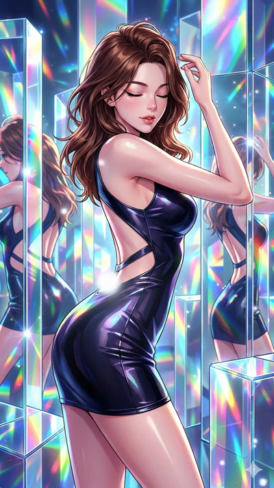 An anime keyframe style video starting from the initial frame. The camera executes a slow, smooth orbit. The background galaxy and stars shimmer and rotate slowly. Volumetric sunbeams shift across the room, illuminating floating dust motes and creati
