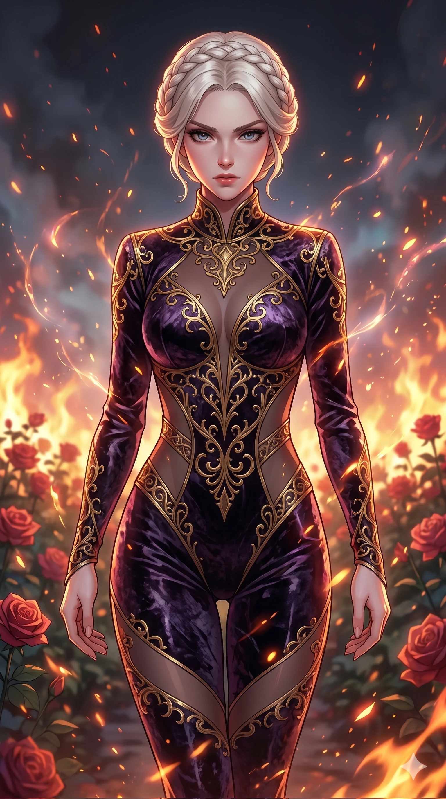 score_9, masterpiece, best quality, ultra-detailed, Set A: High-budget Anime Keyframe, Japanese woman. Upper body close-up from the thighs up, character filling the screen for maximum presence. Walking gracefully through a burning rose garden, with a look of intense determination reflecting the fires of 237 and surrounded by glowing energy sparks. She has an absolutely perfect 8-heads proportion, an exceptionally tall and slender female figure with impossibly long slender legs and an ultra-slim waist. Sharp v-shaped jawline, high-bridge nose, intricate jewel-like eyes with depth, thick eyelashes, glossy lips with a natural sheen. Wearing Crushed dark velvet bodysuit with golden filigree and sheer fabric transparency. Cinematic lighting, vibrant colors, dramatic shadows, 2k, ultra detail, master piece, 9:16 ratio