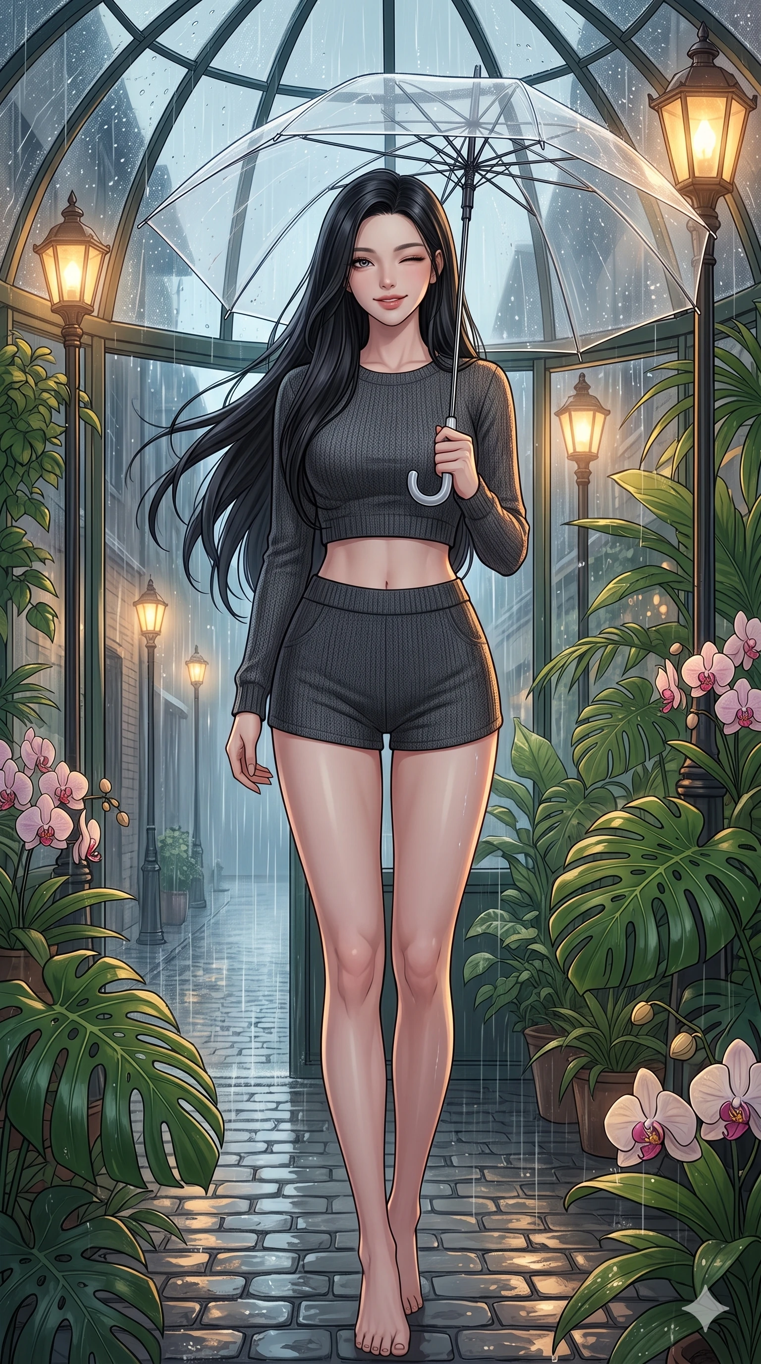 score_9, masterpiece, best quality, ultra-detailed, high-budget anime keyframe, vibrant anime aesthetic, Korean woman. cowboy shot from the thighs up, character and outfit filling the frame for maximum presence. She is standing under a clear umbrella, winking playfully with a delightful smile, looking directly into the lens with a soft breath of wind in her hair. inside a glass greenhouse dome filled with tropical monstera and orchids, with heavy rain pouring outside on the glass panels (Code-P22-061). She has an absolutely perfect 8-heads proportion, an exceptionally tall and slender female figure with impossibly long slender legs and an ultra-slim waist. V-shaped jawline, high-bridge nose, intricate jewel-like eyes with depth, thick eyelashes, glossy lips with a natural sheen. wearing a cropped knit top paired with matching knit shorts in classic charcoal. She is illuminated by warm gaslight street lamps, casting soft reflections on wet pavements, outlining her perfect 8-heads proportion along the cobblestone alley. 2k, ultra detail, master piece, 9:16 ratio