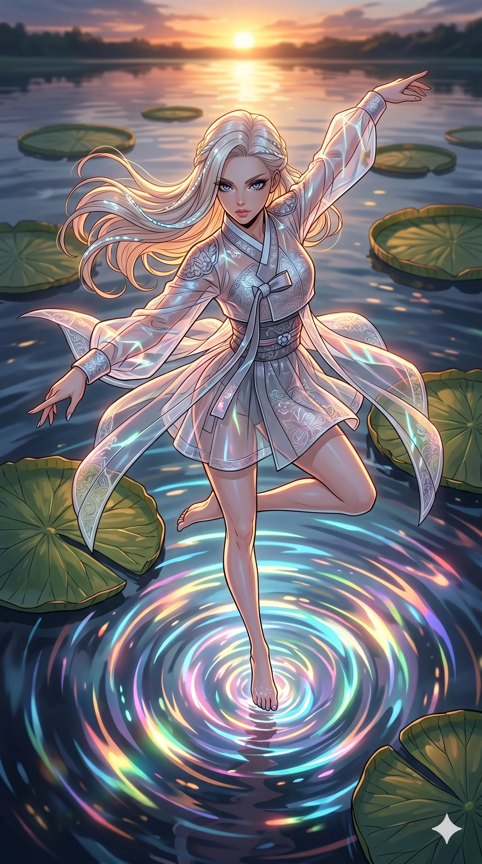 score_9, masterpiece, best quality, ultra-detailed, high-budget anime movie keyframe, cinematic anime lighting, intricate line art, Caucasian (strictly human ears) woman. Extreme high angle shot as she leaps towards the camera, filling the frame. dancing on a giant lily pad as ripples of light spread across the lake. She has an absolutely perfect 8-heads proportion, an exceptionally tall and slender female figure with an ultra-slim waist and impossibly long slender legs. strictly human anatomy, two legs only, no extra limbs, clearly defined legs and arms, perfect anatomy, perfect hands and fingers. sharp v-shaped jawline, high-bridge nose, intricate jewel-like eyes, thick eyelashes, glossy lips. Wearing Modern Traditional: Shortened cyber-hanbok with fusion silk robes and transparent panels. The scene is illuminated by dramatic atmospheric lighting and vibrant color palettes. , 2k, ultra detail, master piece, 9:16 ratio