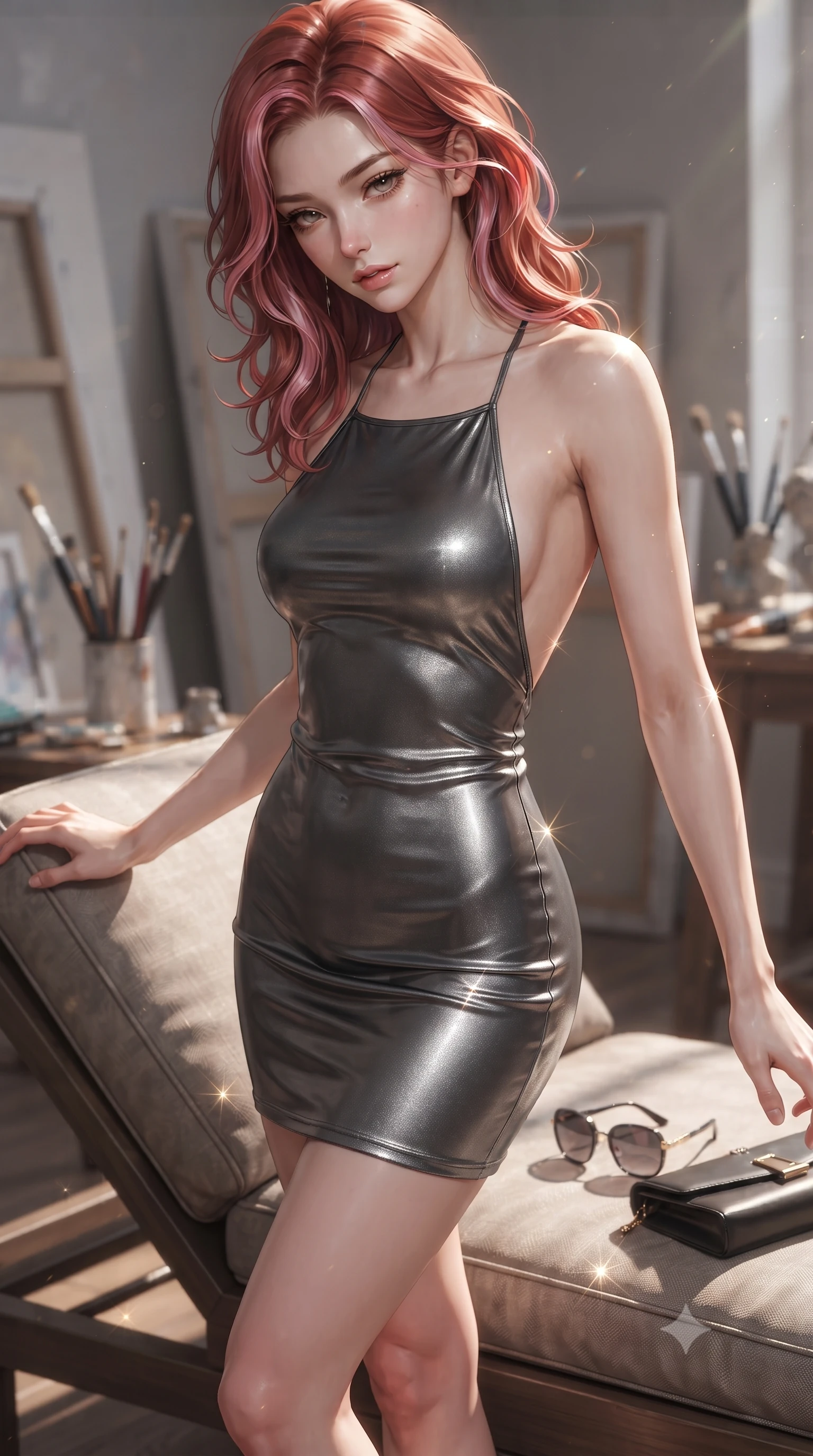 score_9, masterpiece, best quality, ultra-detailed, high-budget anime keyframe, editorial fashion photography, tasteful artistic composition, Caucasian woman. close-up cowboy shot from the waist and thighs up, the character dominates the composition, filling the frame with her large presence, background elements kept in soft focus. looking down at the viewer beneath lowered lashes with a quiet, smoldering confidence and parted lips set against a soft-focus background of inside an exclusive art atelier with a pair of designer sunglasses and a sleek leather clutch bag on the lounger. She has an exceptionally elegant, slender, and willowy female figure with an ultra-slim waist, a gracefully sculpted slender torso, and a refined silhouette. sharp v-shaped jawline, high-bridge nose, intricate jewel-like eyes with depth, thick eyelashes, glossy lips with a natural sheen. wearing form-contouring charcoal metallic jersey backless linen halter dress featuring delicate straps and a draped open-back design featuring refined tailored seams. lit by crisp morning sun rays creating sparkling glints on polished glass and water. ultra-reflective glossy finish, specular highlights, metallic sheen, high-contrast stereoscopic depth, volumetric dynamic lighting, 2k, ultra detail, master piece, 9:16 ratio