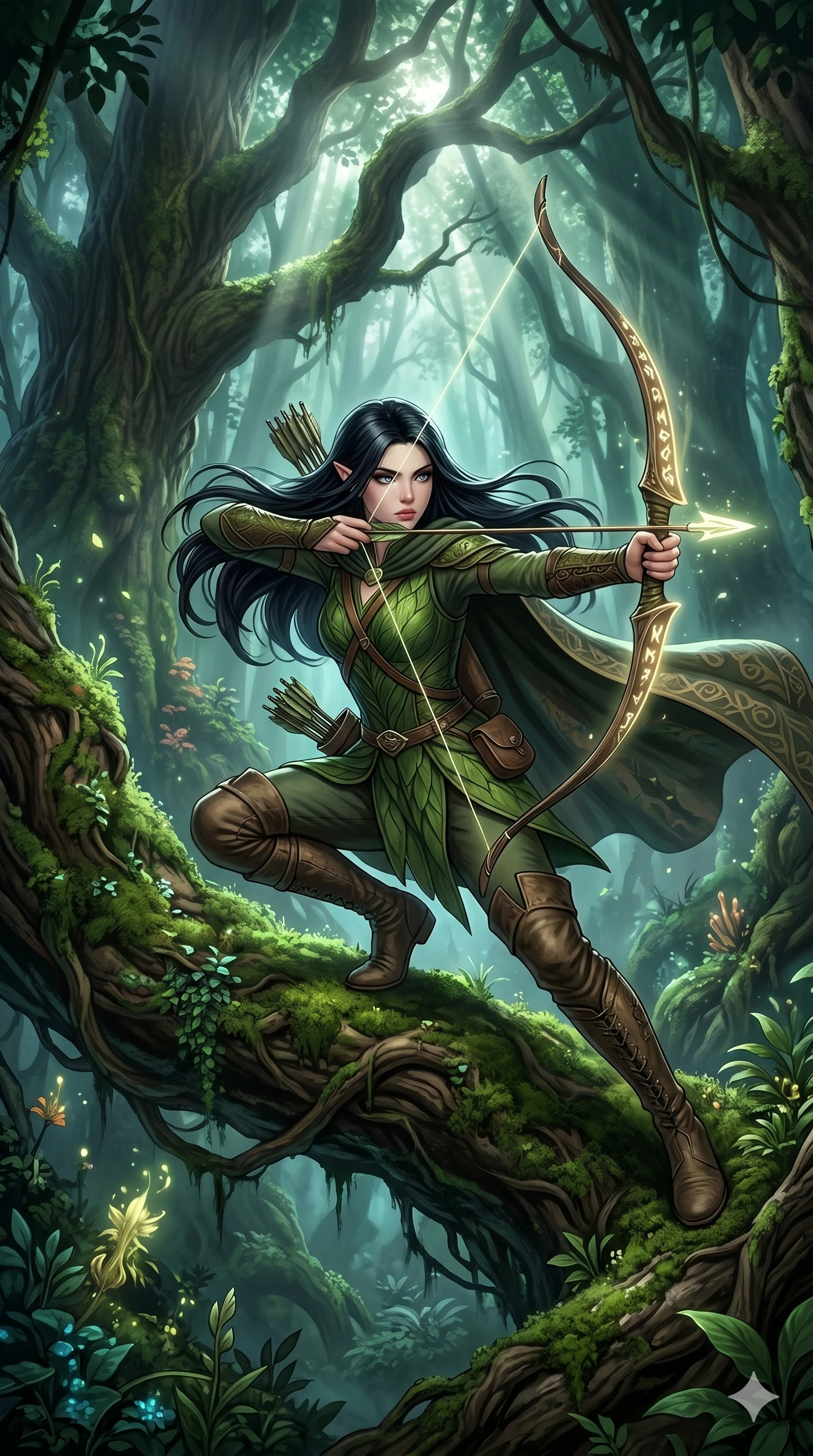 score_9, score_8_up, score_7_up, source_anime, masterpiece, best quality, ultra-detailed, same character with long flowing black hair, wearing a green elven ranger tunic and tall leather boots, full body shot crouching dynamically on a giant tree branch aiming a glowing bow and arrow, dense ancient magical forest, god rays piercing the canopy, 2k, 9:16 ratio