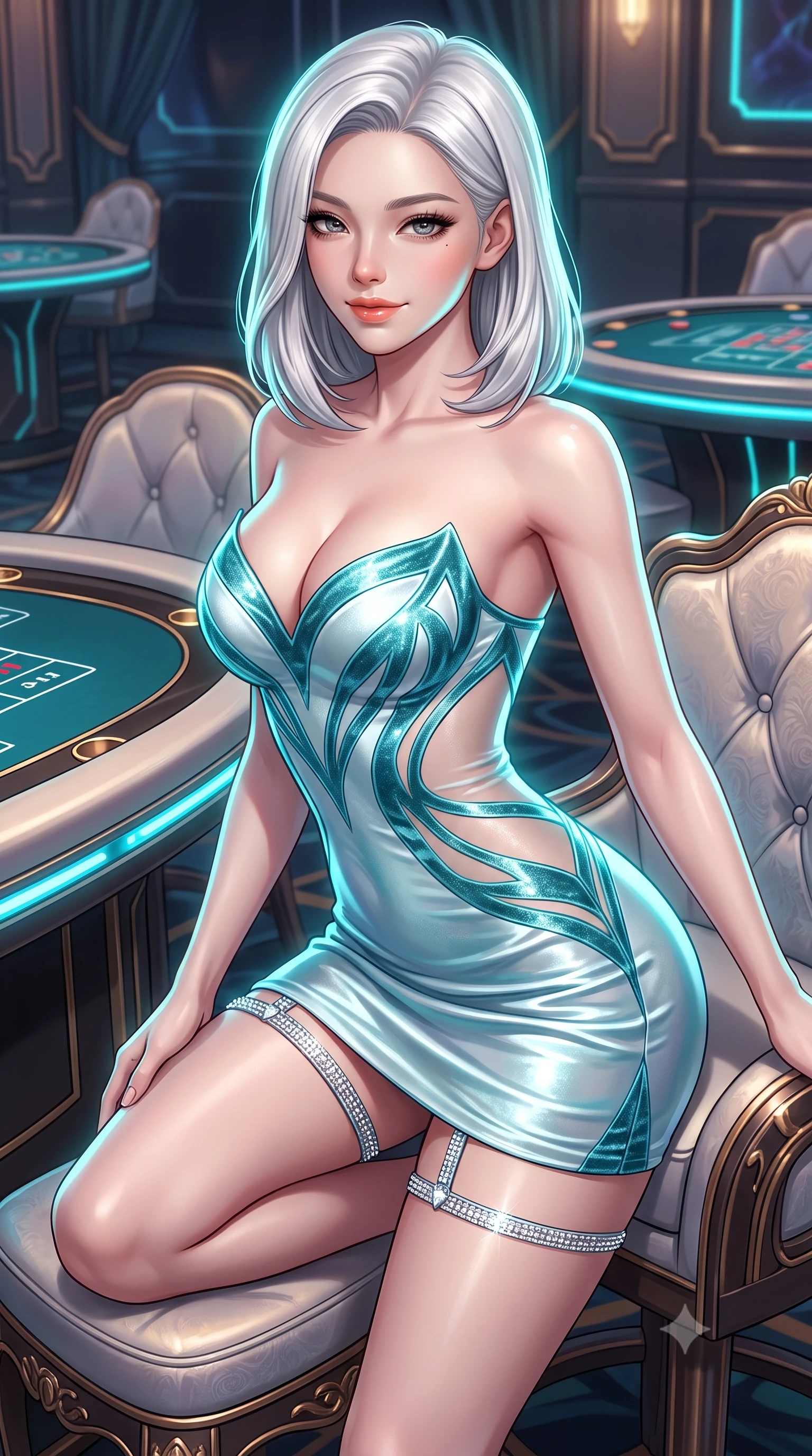score_9, masterpiece, best quality, ultra-detailed, high-budget anime keyframe, semi-realistic 3D game render, editorial fashion photography, tasteful artistic composition, Korean woman. close-up cowboy shot from the waist and thighs up, the character dominates the composition, filling the frame with her large presence. perched sideways on the lounge seat, one knee drawn up to showcase her slender leg line while her arched back accentuates her feminine hip curve while twisting her slender torso in an alluring S-curve, pulsing cybernetic table lights tracing her flat midriff, narrow waist, and curvy hips. The surrounding environment is rendered in vivid detail and crisp panoramic clarity: detailed second-skin mesh bodysuit cling, glossy parted lips, and high-tech casino mechanics in high resolution. She has an exceptionally elegant, slender, and willowy female figure with an ultra-slim waist, flat toned midriff, narrow ribcage, and sculpted feminine hips creating an alluring, slim hourglass silhouette without bulk. sharp v-shaped jawline, high-bridge nose, sparkling eyes with hypnotic seductive depth, thick curled eyelashes, glossy parted lips with a natural dewy peach sheen, alluring bedroom-eyes with an enchanting coquettish smile, exuding magnetic siren charisma and sophisticated glamour, flawlessly proportioned anatomical accuracy, strict slender model proportions, natural body alignment, perfectly sculpted long slender limbs, ultra-slim waistline, clean dynamic posture without body distortion. wearing a deep sweetheart-neckline velvet bodycon dress with sheer side-torso cutouts accentuating her hourglass curves in celestial water-lily white and shimmering aquamarine, crafted from fluid liquid silk satin that clings smoothly to every curve with a dewy sheen, finished with delicate crystal-encrusted thigh garter straps glinting under the lights, the liquid-tight tailored fabric clinging flawlessly to her narrow waist and rounded feminine hips, emphasizing every millimeter of her sculpted slim hourglass curves without any bulky heaviness. illuminated by holographic glow fill and sharp electric-cyan rim lights defining her razor-sharp jawline, narrow waist, and curvy hips. highly saturated vibrant anime colors, detailed shading with soft gradients, rich glossy textures, high-contrast stereoscopic depth, volumetric dynamic lighting, master piece, 9:16 ratio