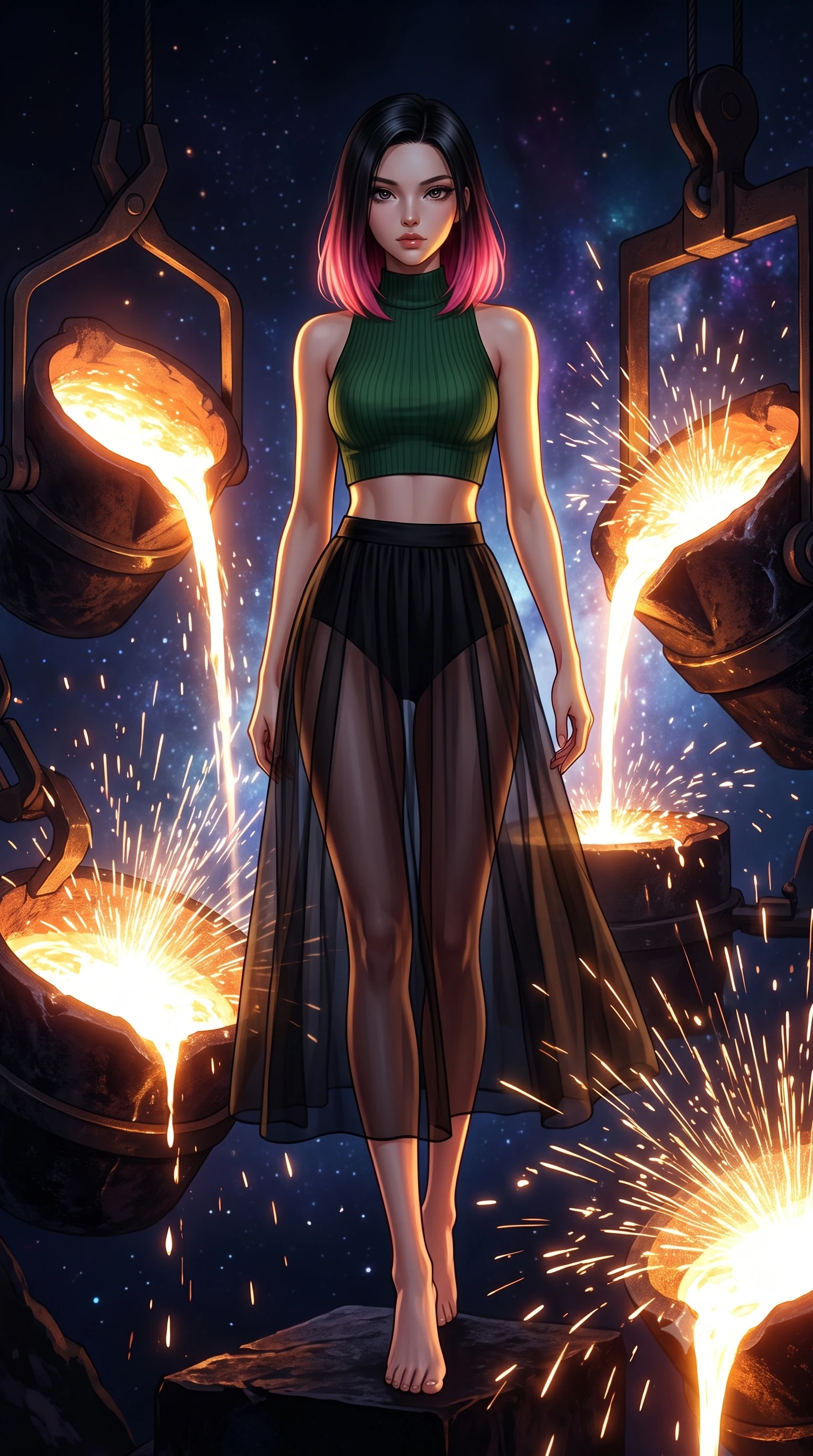 score_9, masterpiece, best quality, ultra-detailed, high-budget anime keyframe, editorial fashion photography, tasteful artistic composition, Korean woman. low angle full-body shot from head to toe showing her feet, filling the entire 9:16 vertical frame with her statuesque presence, stretching her vertical silhouette. navigating with fluid motion through a cosmic smithy where new stars are forged in massive crucibles of dark matter molten stellar material glowing white-hot as it is poured into celestial molds by gravitational tongs sparks of nuclear fusion flying. She has a statuesque 8.5-heads proportion, an exceptionally tall, slender and willowy model-like build with impossibly long legs and a highly sculpted ultra-slim waist. sharp v-shaped jawline, high-bridge nose, intricate jewel-like eyes with depth, thick eyelashes, glossy lips with a natural sheen. wearing a high-neck ribbed crop top in forest green, paired with a midi skirt featuring a sheer chiffon overlay revealing her legs. dramatic chiaroscuro with a single golden key light sculpting her silhouette. 2k, ultra detail, master piece, 9:16 ratio