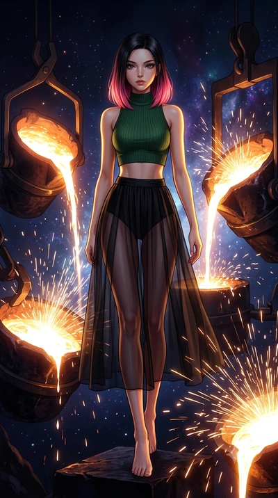 score_9, masterpiece, best quality, ultra-detailed, high-budget anime keyframe, editorial fashion photography, tasteful artistic composition, Korean woman. low angle full-body shot from head to toe showing her feet, filling the entire 9:16 vertical f