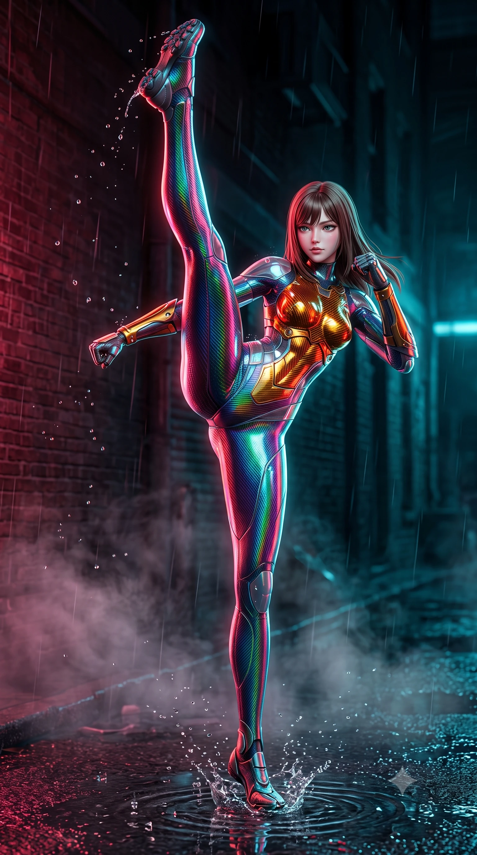 score_9, masterpiece, best quality, ultra-detailed, high-budget anime keyframe, semi-realistic 3D game render, editorial fashion photography, tasteful artistic composition, Korean woman. low angle full-body shot from head to toe showing her feet, filling the entire 9:16 vertical frame with her statuesque presence, stretching her vertical silhouette. executing a breathtaking zero-gravity high-kick with full 180-degree vertical extension, her impossibly long slender legs dominating the frame with razor-sharp poise while stepping forward through drifting sewer steam with a slow, predatory combat advance that commands total respect. The surrounding environment is rendered in vivid detail and crisp panoramic clarity. sharp splashing raindrop beads, wet asphalt reflections, and textured brick wall grain in deep focus. She has an absolutely perfect, statuesque 8.5-heads proportion, an exceptionally tall and slender model-like female figure with impossibly long slender legs, a toned flat midriff, and an ultra-slim waist. sharp v-shaped jawline, high-bridge nose, intricate jewel-like eyes with depth, thick eyelashes, glossy lips with a natural sheen, flawlessly proportioned anatomical accuracy, strict slender model proportions, natural body alignment, perfectly sculpted long slender limbs, ultra-slim waistline, clean dynamic posture without body distortion. wearing a high-gloss iridescent rainbow carbon-weave bodysuit with translucent cybernetic panels and Damascus-steel forearm bracers in molten amber-gold carbon cuirass with dark titanium weave, made of liquid carbon-jersey fabric adhering flawlessly to her sculpted silhouette, finished with high-mobility flexible limb seams and miniature magnetic armor locks, the liquid-tight tailored fabric emphasizing every curve of her tall, slender model proportions and sculptured silhouette during dynamic movement. bathed in vivid high-contrast neon crimson and deep cyan ambient rim lighting. rich saturated anime colors with glowing neon highlights, detailed shading with soft gradients, rich glossy textures, high-contrast stereoscopic depth, volumetric dynamic lighting, master piece, 9:16 ratio