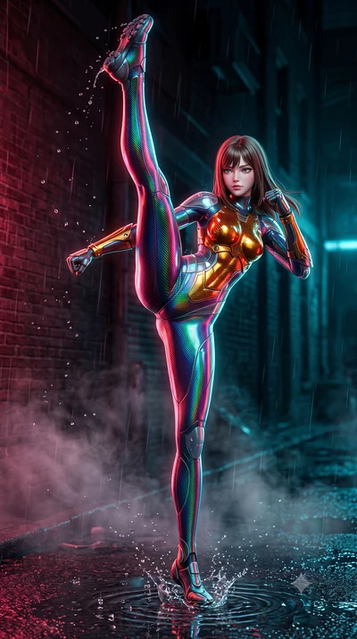 score_9, masterpiece, best quality, ultra-detailed, high-budget anime keyframe, semi-realistic 3D game render, editorial fashion photography, tasteful artistic composition, Korean woman. low angle full-body shot from head to toe showing her feet, fil