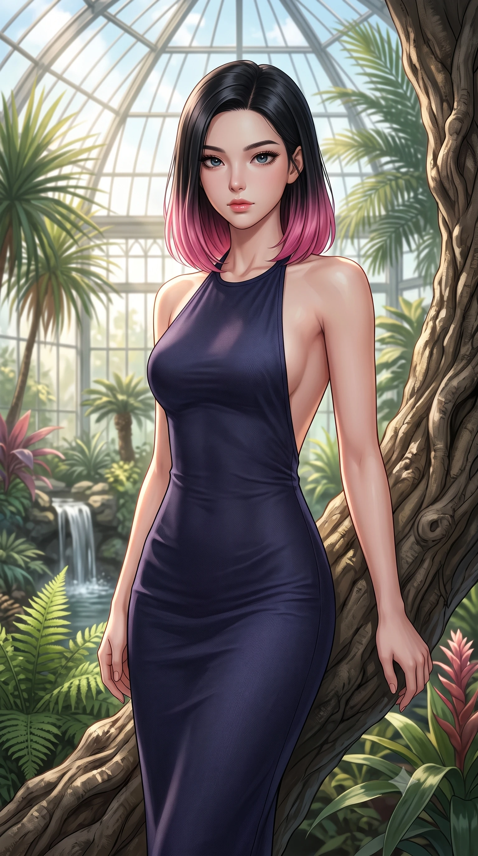 score_9, masterpiece, best quality, ultra-detailed, high-budget anime keyframe, editorial fashion photography, tasteful artistic composition, Korean woman woman. close-up cowboy shot from the waist and thighs up, the character dominates the composition, filling the frame with her large presence, background elements kept in soft focus. standing relaxed against a tree trunk, sharing a quiet, serene moment with the viewer the background shows a soft-focus a grand glass conservatory filled with lush tropical ferns, palms, and a small waterfall. She has an exceptionally elegant, slender, and willowy female figure with an ultra-slim waist, a gracefully sculpted slender torso, and a refined silhouette. sharp v-shaped jawline, high-bridge nose, intricate jewel-like eyes with depth, thick eyelashes, glossy lips with a natural sheen. wearing a body-hugging backless halter midi dress in dark indigo, showing her elegant clavicle lines. bright daylight filtered through the glass panels, creating soft highlights. 2k, ultra detail, master piece, 9:16 ratio