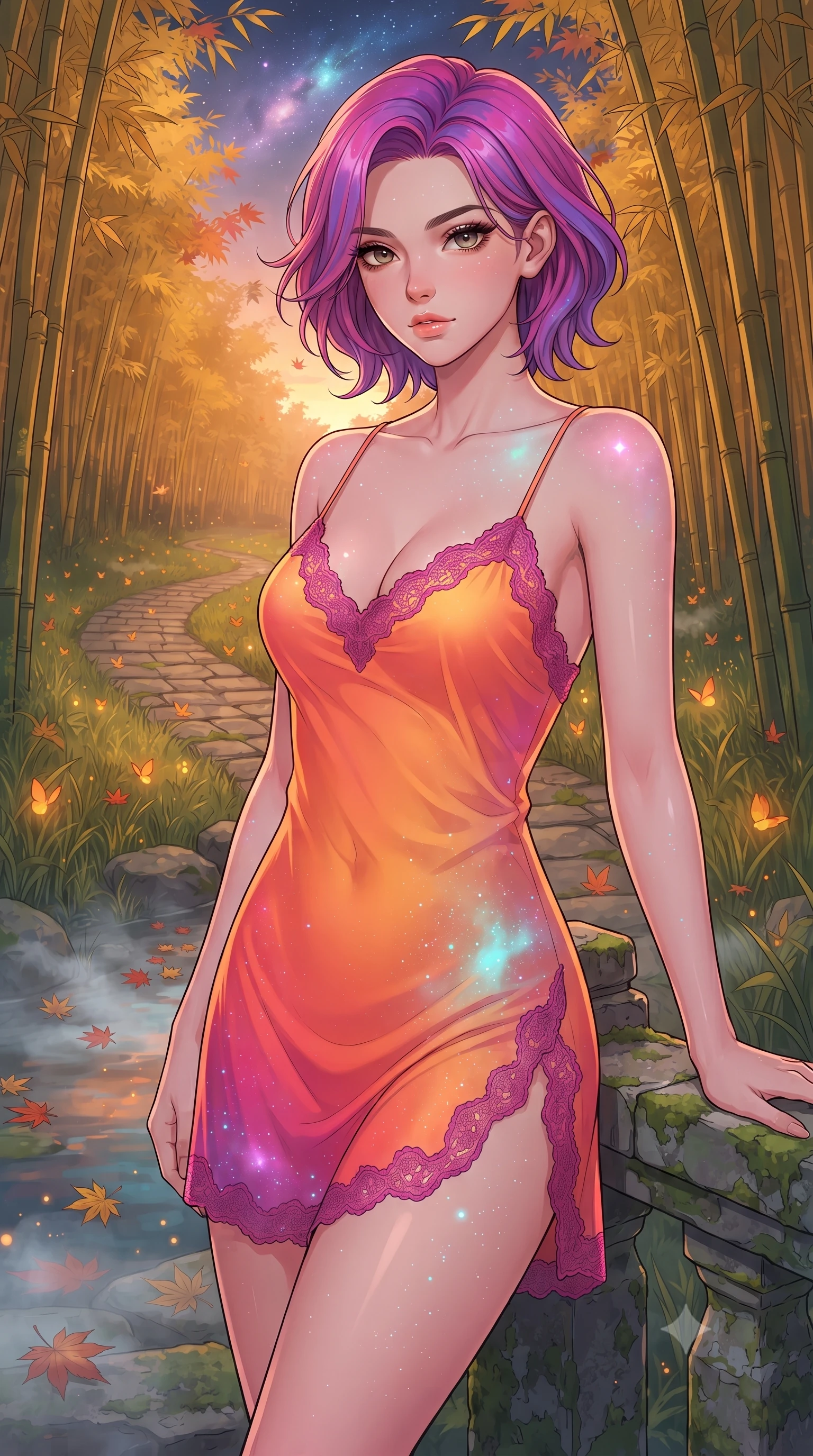 score_9, masterpiece, best quality, ultra-detailed, high-budget anime keyframe, gorgeous anime illustration, artistic 2d flat cel-shaded style, Caucasian woman, strictly human ears. close-up cowboy shot from the waist and thighs up, the character dominates the composition, filling the frame with her large presence, background elements kept in soft focus. Resting one arm elegantly against a surface with a poised relaxed stance. set against a soft-focus background of a winding stone path through a forest of golden bamboo at sunset, with thousands of orange fireflies rising from the grass and maple leaves floating on a misty stream. She has an exceptionally elegant and slender, willowy female figure with an ultra-slim waist, a gracefully sculpted slender torso, and a refined slim physique. sharp v-shaped jawline, high-bridge nose, intricate jewel-like eyes with depth, thick eyelashes, glossy lips with a natural sheen. wearing a gossamer-thin silk slip dress in a sunset orange gradient, detailed with magenta lace-trimmed edges. starlight and nebula glow casting soft cosmic pink and cyan highlights on her form. 2k, ultra detail, master piece, 9:16 ratio, vibrant anime color palette, flat color shading, 2d animation style