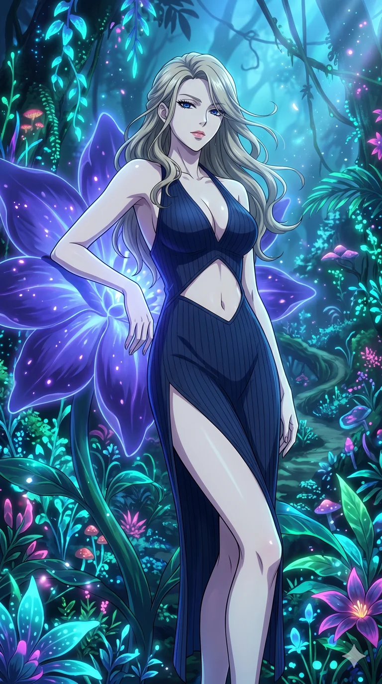 score_9, masterpiece, best quality, ultra-detailed, High-budget Anime Keyframe, vibrant colors, fluid line-art, expressive lighting, cinematic composition, Ufotable-style visual effects, top-tier animation quality, Caucasian woman with pale skin and refined features. Low angle cowboy shot filling the entire 9:16 frame with her statuesque presence, looking up to emphasize her height. Resting against a giant glowing flower that emits a soft, pulse-like light. She has an absolutely perfect 8-heads proportion, an exceptionally tall and slender female figure with impossibly long slender legs and an ultra-slim waist, her statuesque height and towering silhouette dominating the vertical 9:16 frame. Her face is a masterpiece featuring a sharp v-shaped jawline, high-bridge nose, intricate jewel-like eyes with depth, thick eyelashes, and glossy lips with a natural sheen. She is wearing a Ribbed knit bodycon midi dress with a deep-V neck halter top, featuring an exposed midriff and a dangerous high slit.. The scene is set in a bioluminescent jungle where every leaf and flower glows with a unique frequency. 2k, ultra detail, master piece, 9:16 ratio
