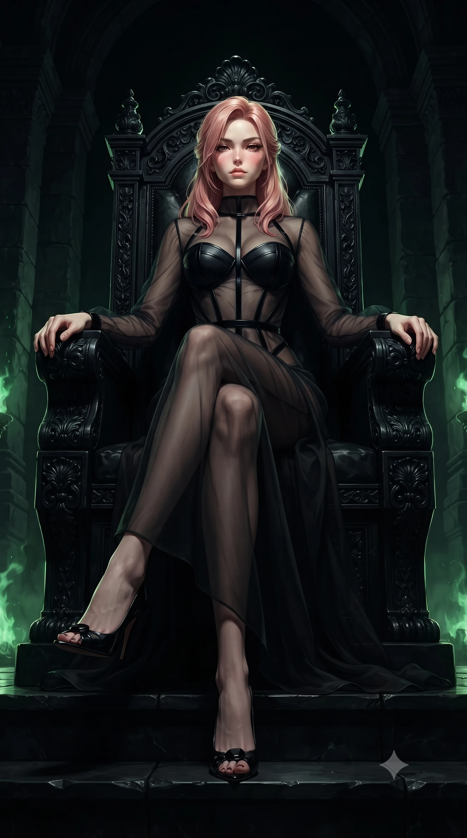 score_9, masterpiece, best quality, ultra-detailed, high-budget anime keyframe, editorial fashion photography, tasteful artistic composition, Japanese woman. low angle full-body shot from head to toe showing her feet, filling the entire 9:16 vertical frame with her statuesque presence, stretching her vertical silhouette. leaping dynamically through the pitch-black void, her posture full of power and elegance, seated composedly on a carved obsidian throne in a colossal dark throne room, dramatic green firelight casting eerie shadows across the obsidian throne. She has an absolutely perfect, statuesque 8.5-heads proportion, an exceptionally tall and slender model-like female figure with impossibly long slender legs and an ultra-slim waist. sharp v-shaped jawline, high-bridge nose, intricate jewel-like eyes with depth, thick eyelashes, glossy lips with a natural sheen. wearing semi-opaque sheer dark chiffon gown revealing structured bodice silhouette in obsidian black, made of sheer dark organza overlay, adorned with minimalist black onyx hardware framing the silhouette, contouring every curve with an exceptionally elegant silhouette. surrounded by high-contrast baroque chiaroscuro with sharp rim highlights. ultra-reflective glossy finish, specular highlights, metallic sheen, high-contrast stereoscopic depth, volumetric dynamic lighting, 2k, ultra detail, master piece, 9:16 ratio