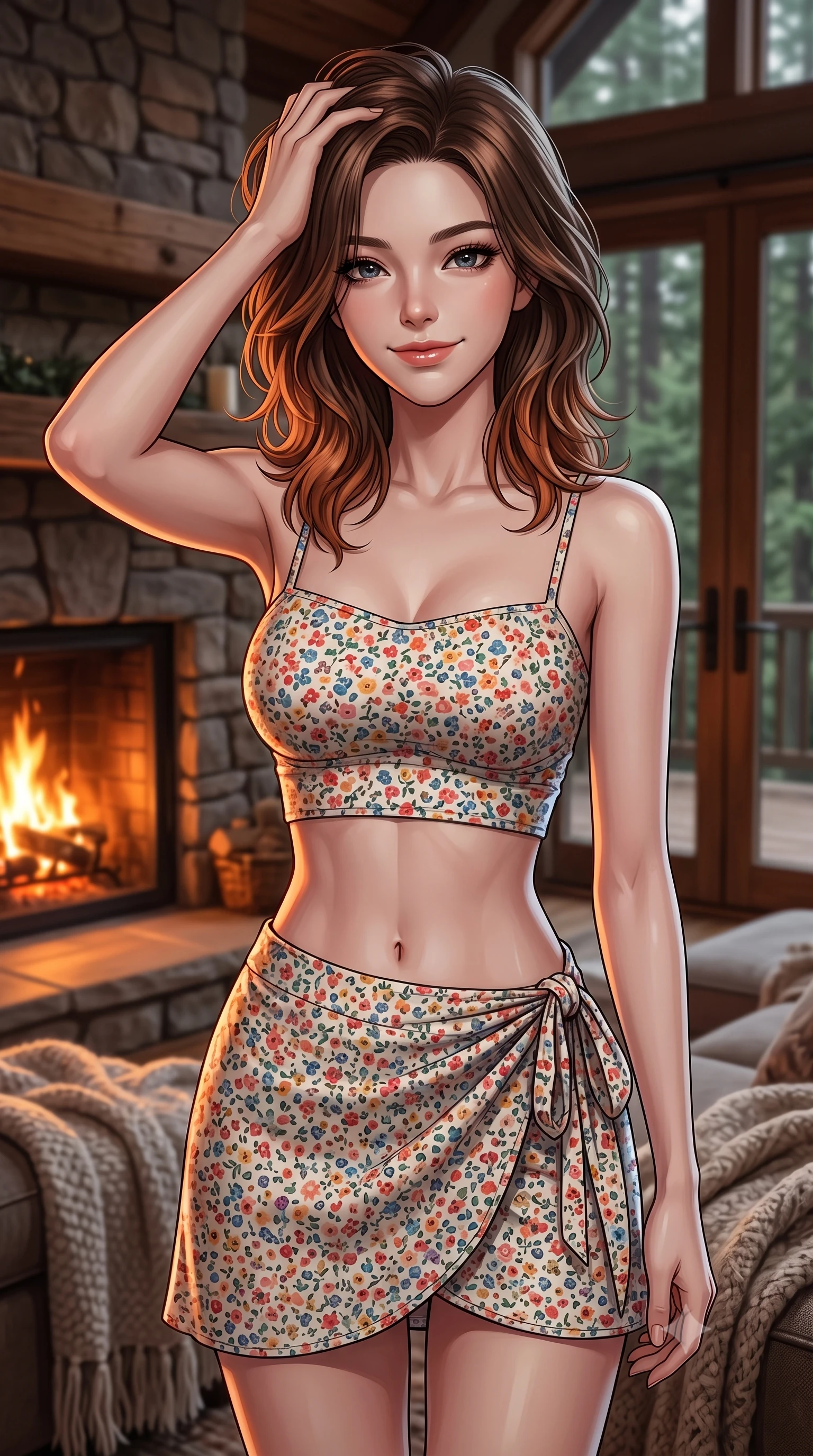 score_9, masterpiece, best quality, ultra-detailed, high-budget anime keyframe, editorial fashion photography, tasteful artistic composition, Korean woman woman. close-up cowboy shot from the waist and thighs up, the character dominates the composition, filling the frame with her large presence, background elements kept in soft focus. smiling with quiet, magnetic self-assurance directly into the camera, running a hand through her hair the background shows a soft-focus a cozy lounge with a rustic fireplace, soft blankets, and large glass doors facing a forest. She has an exceptionally elegant, slender, and willowy female figure with an ultra-slim waist, a gracefully sculpted slender torso, and a refined silhouette. sharp v-shaped jawline, high-bridge nose, intricate jewel-like eyes with depth, thick eyelashes, glossy lips with a natural sheen. wearing a body-hugging summer vacation crop top and wrap skirt set in floral print cotton, showing her slim waist. the warm orange flicker of the hearth fire casting cozy shadows. 2k, ultra detail, master piece, 9:16 ratio