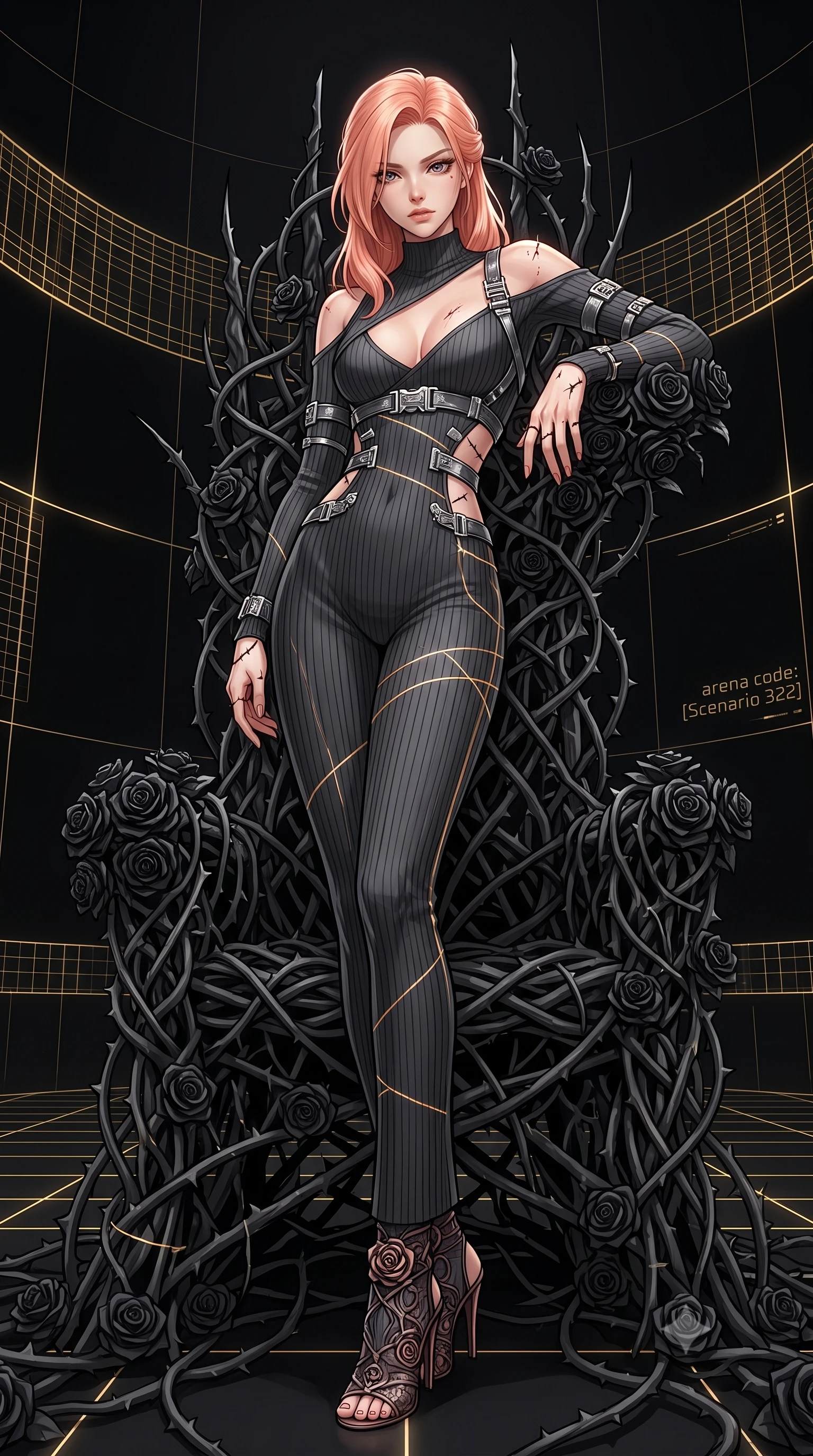 score_9, masterpiece, best quality, ultra-detailed, High-budget Anime Keyframe, East Asian woman. Dynamic full-body shot stretching the vertical silhouette to the limit. Scenario 322: resting on a throne of black roses, thorns grazing her skin, in a digital arena where gold gridlines project onto the black walls. Her presence is magnetic and overpowering in this high-budget anime scene. Outfit 322: a slim-fit ribbed bodycon knit dangerous with a low-cut shoulder and metallic buckles. The clothing is designed to emphasize her exceptionally tall and slender 8-heads proportion. 8-heads proportion, towering silhouette, ultra-slim waist. sharp v-shaped jawline, intricate jewel-like eyes with depth, thick eyelashes, glossy lips. 2k, ultra detail, master piece, 9:16 ratio
