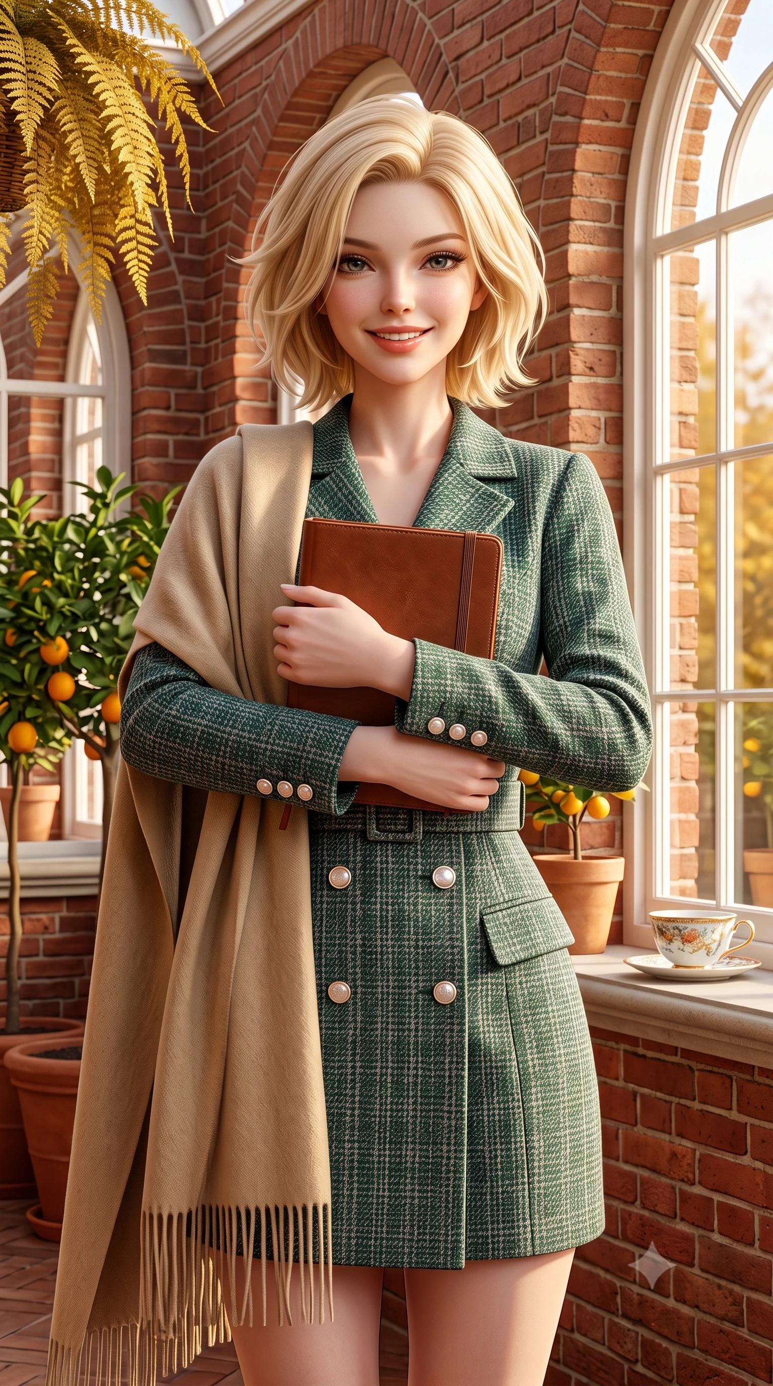 score_9, masterpiece, best quality, ultra-detailed, high-budget anime keyframe, semi-realistic 3D game render, editorial fashion photography, tasteful artistic composition, Caucasian woman. close-up cowboy shot from the waist and thighs up, the character dominates the composition, filling the frame with her large presence. holding a leather notebook close to her chest with both arms, smiling delightfully with youthful scholarly grace while standing amidst potted citrus trees and cascading golden ferns inside the historic brick orangery, smiling warmly at the camera. The surrounding environment is rendered in vivid detail and crisp panoramic clarity: sharp red-brick masonry relief, delicate white painted window mullions, and fine porcelain teacup glaze in deep focus. She has an exceptionally elegant, slender, and willowy female figure with an ultra-slim waist, flat toned midriff, narrow ribcage, and sculpted feminine hips creating an alluring, slim hourglass silhouette without bulk. sharp v-shaped jawline, high-bridge nose, intricate jewel-like sparkling eyes with depth, thick eyelashes, glossy parted lips with a natural peach sheen, bright cheerful beaming smile with an enchanting and coquettish sensual glint, exuding both youthful cute charm and seductive allure, flawlessly proportioned anatomical accuracy, strict slender model proportions, natural body alignment, perfectly sculpted long slender limbs, ultra-slim waistline, clean dynamic posture without body distortion. wearing a structured double-breasted tweed dress with notched lapels, long sleeves, and decorative mother-of-pearl buttons in St. Moritz pine forest emerald and heather grey, made of crisp Egyptian cotton poplin with pristine tailored pressing, accented with a wide brushed cashmere fringe scarf draped elegantly over one shoulder, the structured cinched belt emphasizing her narrow waistline and gracefully balanced proportions with timeless haute-couture polish. bathed in warm 3200K autumn sunlight streaming through floor-to-ceiling arched south-facing conservatory windows. highly saturated vibrant anime colors, detailed shading with soft gradients, rich glossy textures, high-contrast stereoscopic depth, volumetric dynamic lighting, master piece, 9:16 ratio