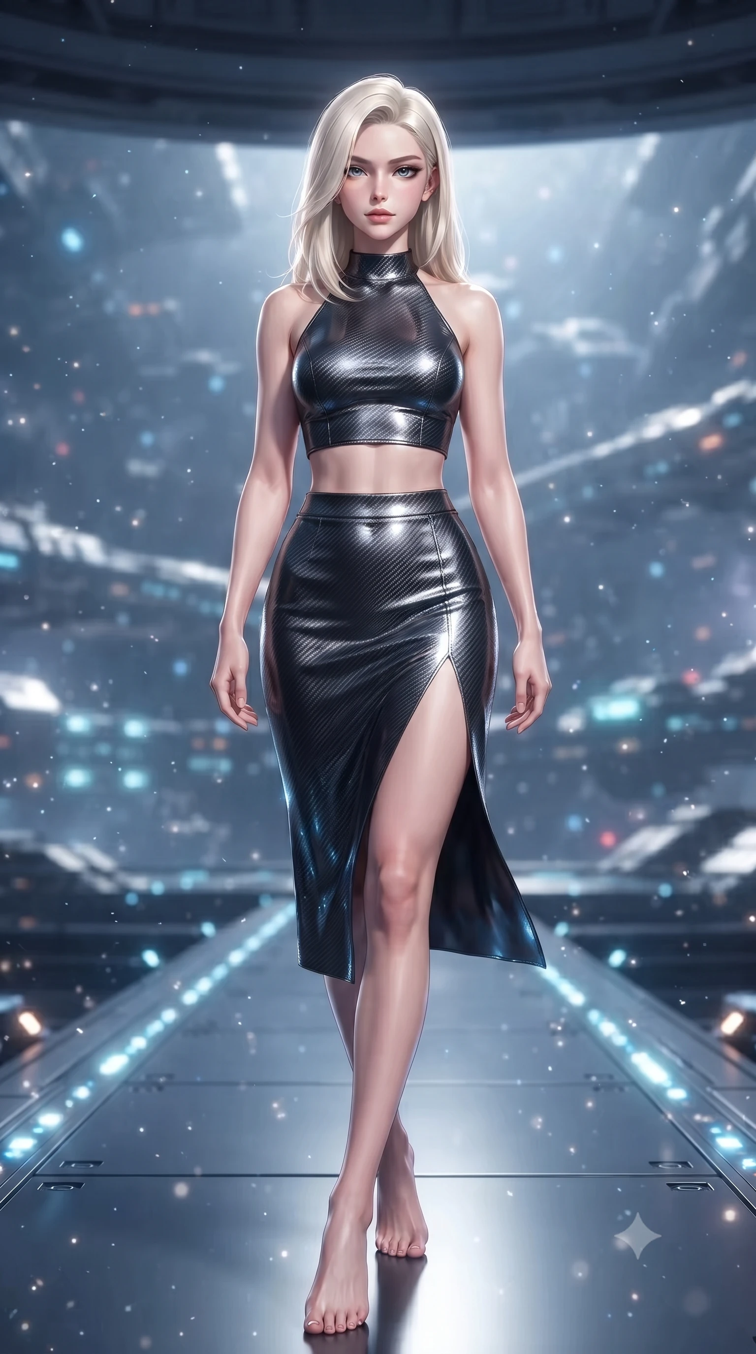 score_9, masterpiece, best quality, ultra-detailed, high-budget anime keyframe, editorial fashion photography, tasteful artistic composition, Caucasian woman. low angle full-body shot from head to toe showing her feet, filling the entire 9:16 vertical frame with her statuesque presence, stretching her vertical silhouette. stepping gracefully through floating stardust particles, her body-contouring suit showing her athletic, slender silhouette, the background shows a soft-focus a panoramic star deck looking at the glittering grid of an orbital shipyard. She has an absolutely perfect, statuesque 8.5-heads proportion, an exceptionally tall and slender model-like female figure with impossibly long slender legs and an ultra-slim waist. sharp v-shaped jawline, high-bridge nose, intricate jewel-like eyes with depth, thick eyelashes, glossy lips with a natural sheen. wearing a tailored carbon-fiber halter-neck crop top paired with a matching high-slit midi skirt, revealing her slim waist. glittering blue and white orbital dock lights from below tracing her silhouette. ultra-reflective glossy finish, specular highlights, metallic sheen, high-contrast stereoscopic depth, volumetric dynamic lighting, 2k, ultra detail, master piece, 9:16 ratio
