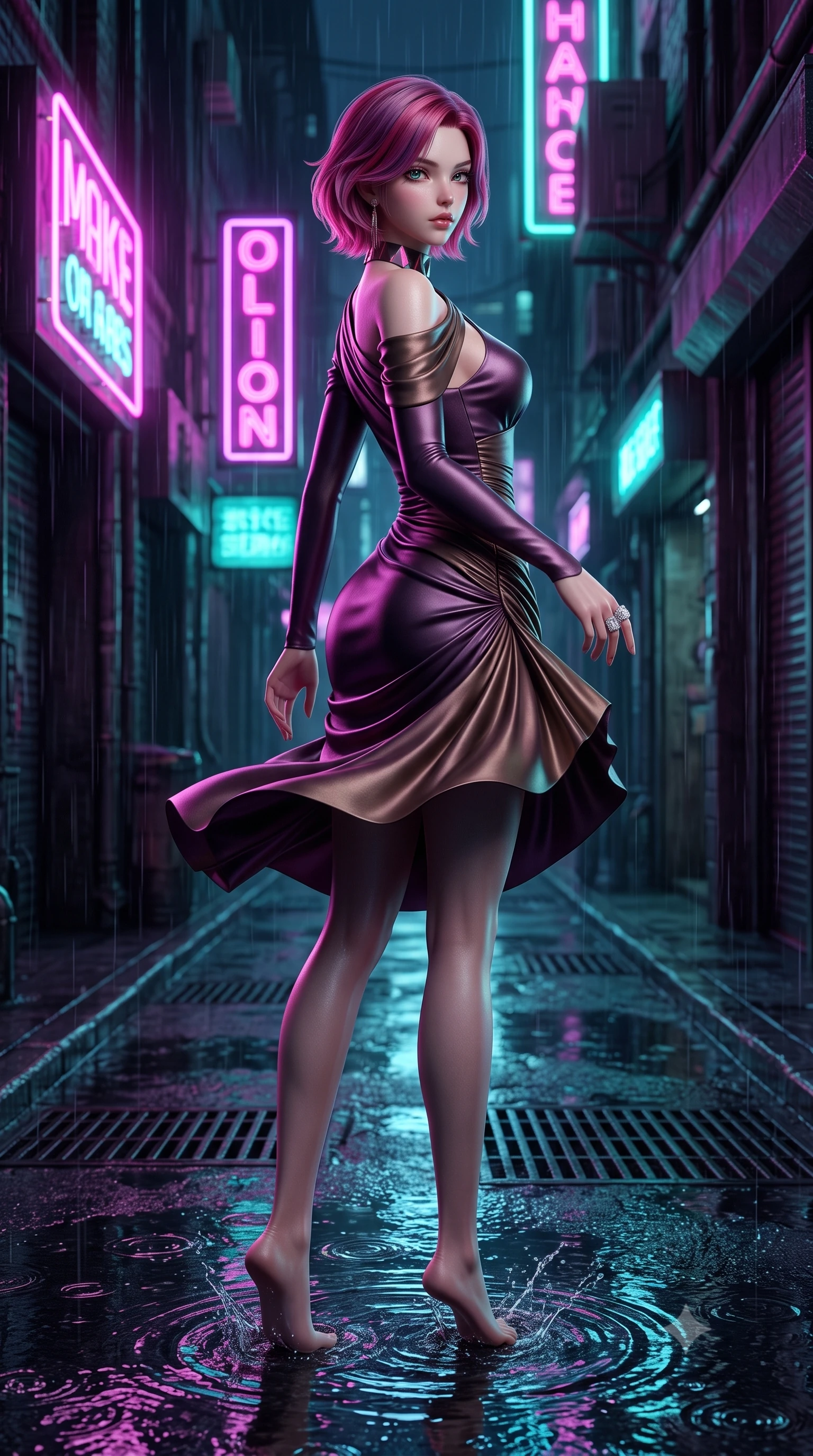 score_9, masterpiece, best quality, ultra-detailed, high-budget anime keyframe, semi-realistic 3D game render, editorial fashion photography, tasteful artistic composition, Caucasian woman. low angle full-body shot from head to toe showing her feet, filling the entire 9:16 vertical frame with her statuesque presence, stretching her vertical silhouette. executing an elegant mid-motion pivot turn as garments swirl around her slender limbs, glancing over her shoulder with an intoxicating bedroom-gaze while striding through the rain-slicked alleyway beneath flashing neon signs, arching her back with sovereign poise as water ripples splash beneath her long slender legs. The surrounding environment is rendered in vivid detail and crisp panoramic clarity. sharp reflective rain puddle textures, neon sign glass filament clarity, and street grate grill patterns in deep focus. She has an exceptionally tall and slender model-like 8.5-heads proportion, an ultra-slim waist, a flat toned midriff, narrow delicate ribcage, and beautifully sculpted feminine hips creating a graceful, slim hourglass silhouette without any bulky heaviness, with impossibly long slender legs. sharp v-shaped jawline, high-bridge nose, intricate jewel-like eyes with depth, thick eyelashes, glossy parted lips with a natural sheen, intensely captivating and seductive bedroom-eyes expression, flawlessly proportioned anatomical accuracy, strict slender model proportions, natural body alignment, perfectly sculpted long slender limbs, ultra-slim waistline, clean dynamic posture without body distortion. wearing a form-contouring cocktail dress with an asymmetrical open shoulder and hip-defining ruching in deep plum violet and antique bronze, tailored from ultra-smooth duchess satin with a pearlescent sheen, complemented by a bold geometric choker and sparkling cocktail ring, the form-contouring material adhering flawlessly to her sculpted flat midriff and slender torso, emphasizing her long leg lines and perfectly proportioned willowy build. bathed in high-contrast electric magenta and turquoise neon edge lights contrasting with rain-soaked shadow tones. highly saturated vibrant anime colors, detailed shading with soft gradients, rich glossy textures, high-contrast stereoscopic depth, volumetric dynamic lighting, master piece, 9:16 ratio