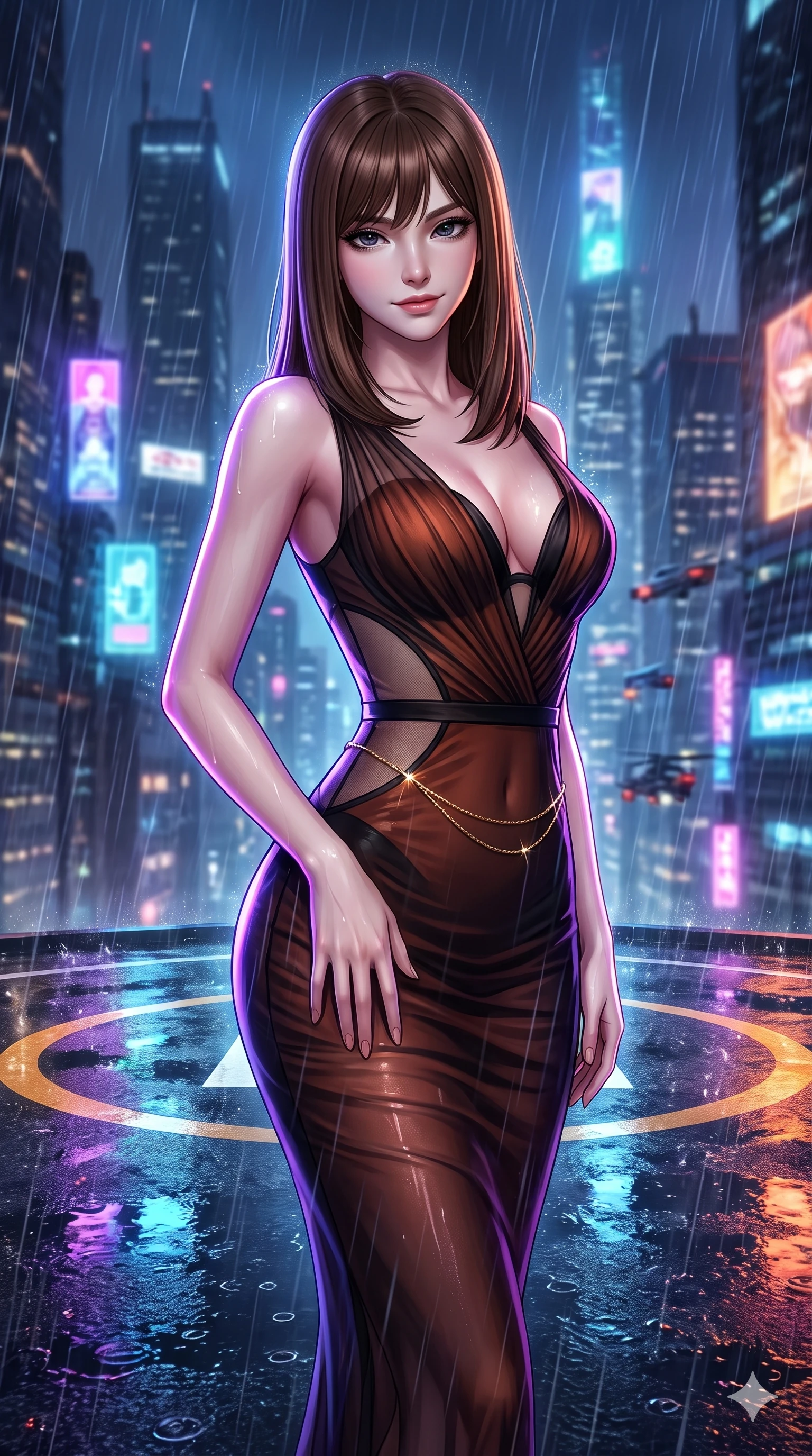 score_9, masterpiece, best quality, ultra-detailed, high-budget anime keyframe, semi-realistic 3D game render, editorial fashion photography, tasteful artistic composition, Korean woman. close-up cowboy shot from the waist and thighs up, the character dominates the composition, filling the frame with her large presence. tilting her head with a teasing half-smile, running one hand slowly down the side of her hip in a flirtatious S-curve as ambient neon caresses her silhouette while standing poised in the center of the illuminated circular helipad as rain whips across the tarmac, arching her back with sovereign cyberpunk siren grace. The background shows a soft-focus cyberpunk megalopolis skyline softened in torrential rain shallow focus. She has an exceptionally elegant, slender, and willowy female figure with an ultra-slim waist, flat toned midriff, narrow ribcage, and sculpted feminine hips creating an alluring, slim hourglass silhouette without bulk. sharp v-shaped jawline, high-bridge nose, intricate jewel-like dark sparkling eyes with dangerous depth, thick curled eyelashes, glossy parted lips with a rich wine sheen, smoldering seductive half-smile with bedroom-eyes, exuding effortless superiority and intoxicating dark allure, flawlessly proportioned anatomical accuracy, strict slender model proportions, natural body alignment, perfectly sculpted long slender limbs, ultra-slim waistline, clean dynamic posture without body distortion. wearing an alluring plunging sweetheart bodice dress with sheer mesh side-waist cutouts contouring her ribs in dark burnt copper and matte black, crafted from semi-sheer pleated silk chiffon layered over an opaque second-skin underlayer, accented with a dainty gold belly chain resting across her flat midriff and curving hips, the glove-like silhouette tightly following the natural contour of her hips and long slender legs with youthful 8.5-heads elegance. illuminated by wet tarmac puddle bounce and sharp ultraviolet rim lights sculpting her razor-sharp jawline, narrow waist, and curvy hips. highly saturated vibrant anime colors, detailed shading with soft gradients, rich glossy textures, high-contrast stereoscopic depth, volumetric dynamic lighting, master piece, 9:16 ratio
